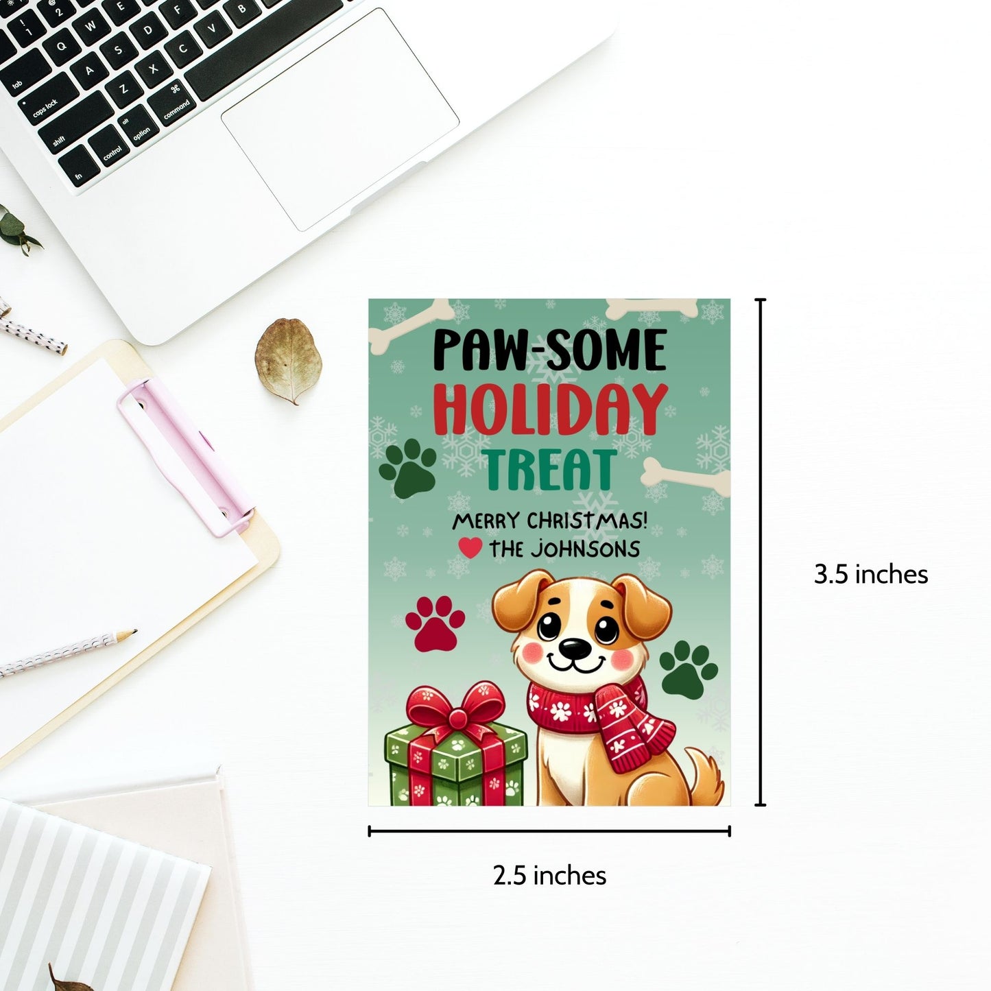 Christmas gift tags featuring an adorable puppy with a scarf and holiday gifts, paired with the message "Paw-some Holiday Treat." These printable and editable tags are perfect for adding a playful touch to holiday gifts for pet lovers.