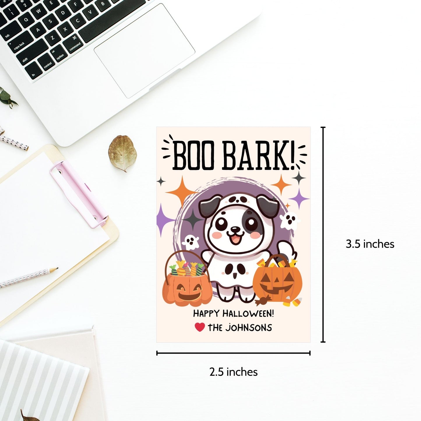 Printable Halloween gift tags featuring an adorable dog dressed in a Halloween costume with the message "Boo Bark!" Tags are 2.5 x 3.5 inches, laid out 8 per sheet on an 8.5 x 11-inch page. Includes a printable PDF and a PDF with a link to an editable Canva template.