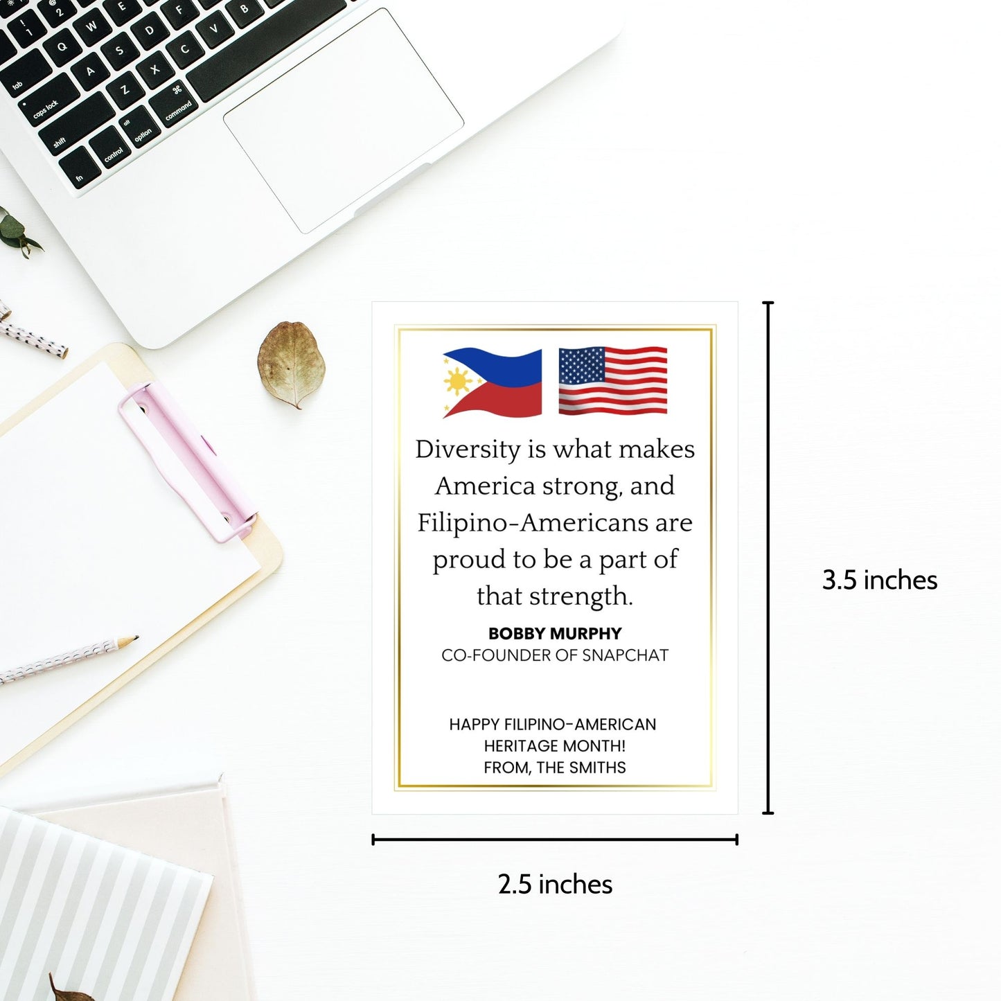 A set of 16 printable and editable Filipino-American Heritage Month gift tags featuring quotes from influential Filipino-Americans. The tags are 2.5 x 3.5 inches, displayed on an 8.5 x 11-inch layout, celebrating culture and pride.