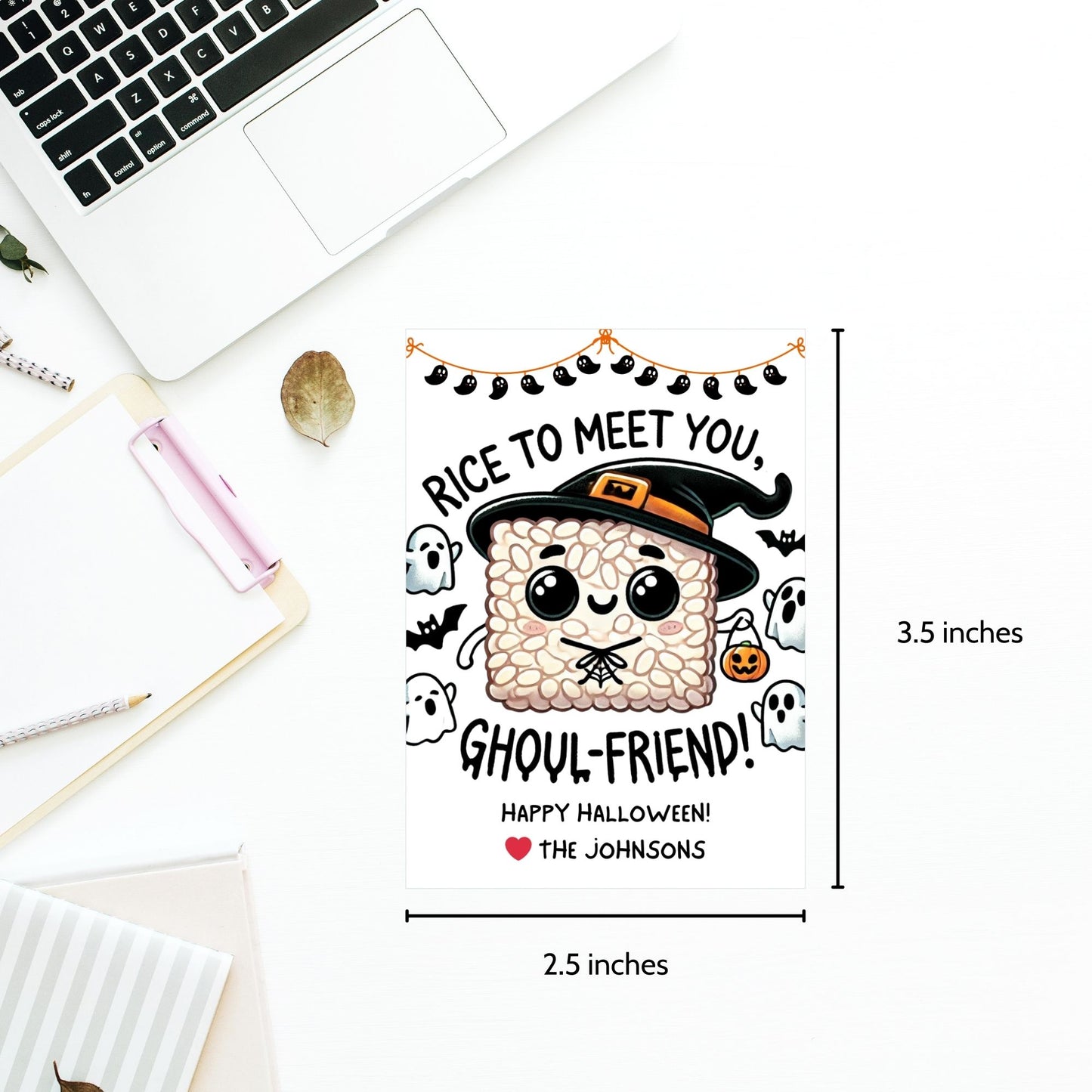 Cute Halloween-themed gift tags featuring a witchy rice krispie treat character, surrounded by ghosts, bats, and pumpkins. The tags say "Rice to Meet You, Ghoul-Friend!" and are 2.5 x 3.5 inches, laid out 8 per sheet on an 8.5 x 11-inch page. Includes a printable PDF and a link to an editable Canva template.