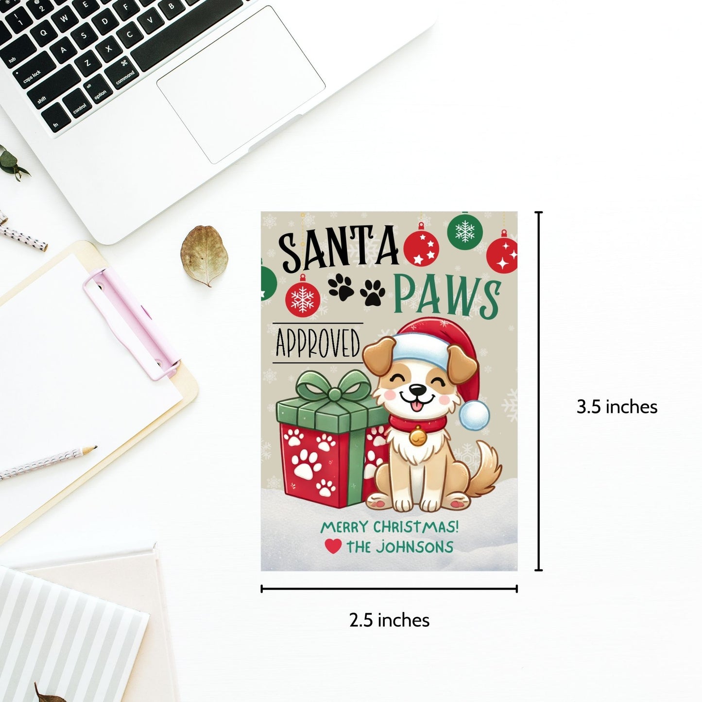 Christmas gift tags featuring an adorable puppy in a Santa hat, festive ornaments, and the message "Santa Paws Approved." These printable and editable tags are perfect for pet lovers and add a playful touch to holiday gifts.