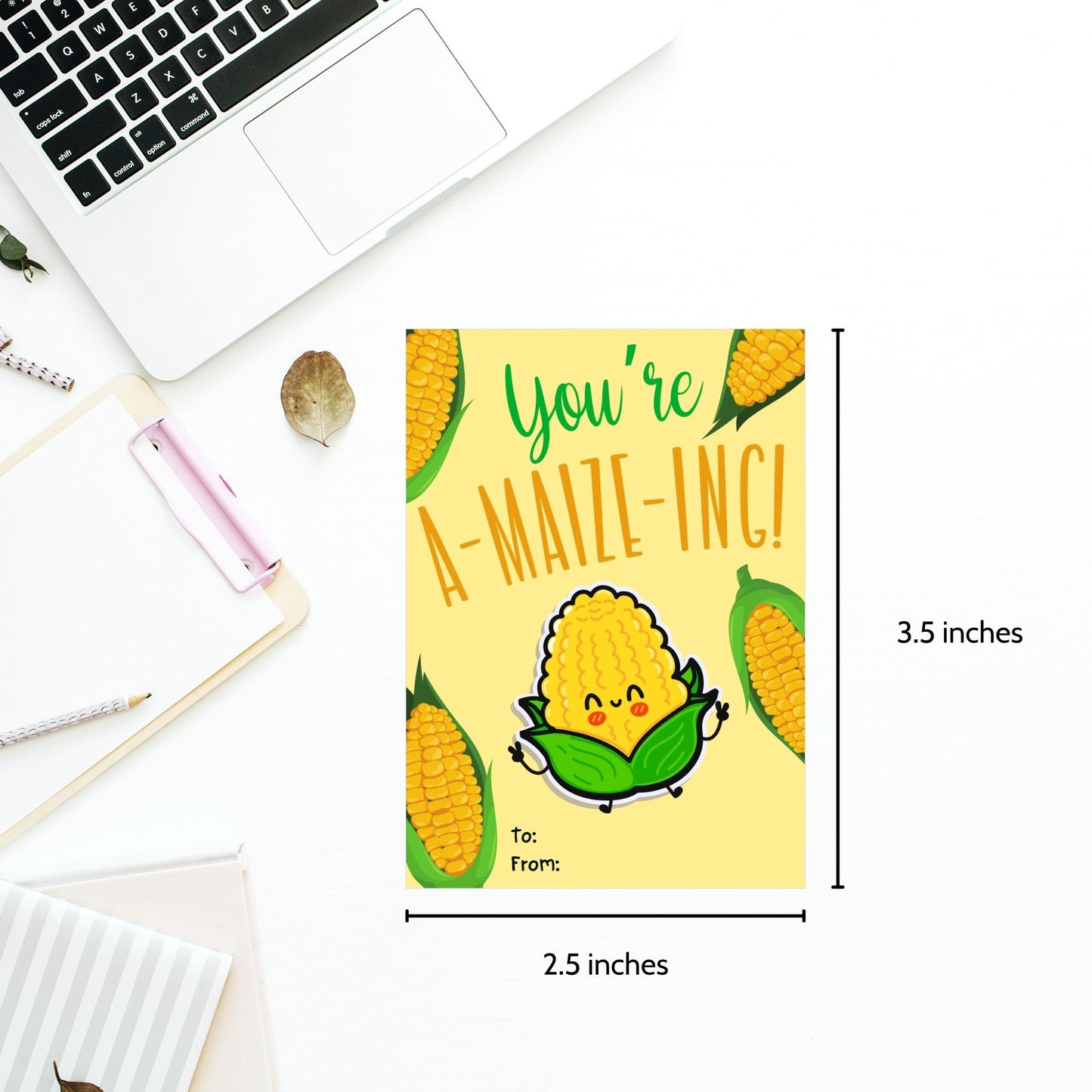 Editable corn-themed fall gift tags with the message 'You're A-MAIZE-ING!' in 2.5 x 3.5 inches, 8 per sheet, available as printable and customizable PDFs.