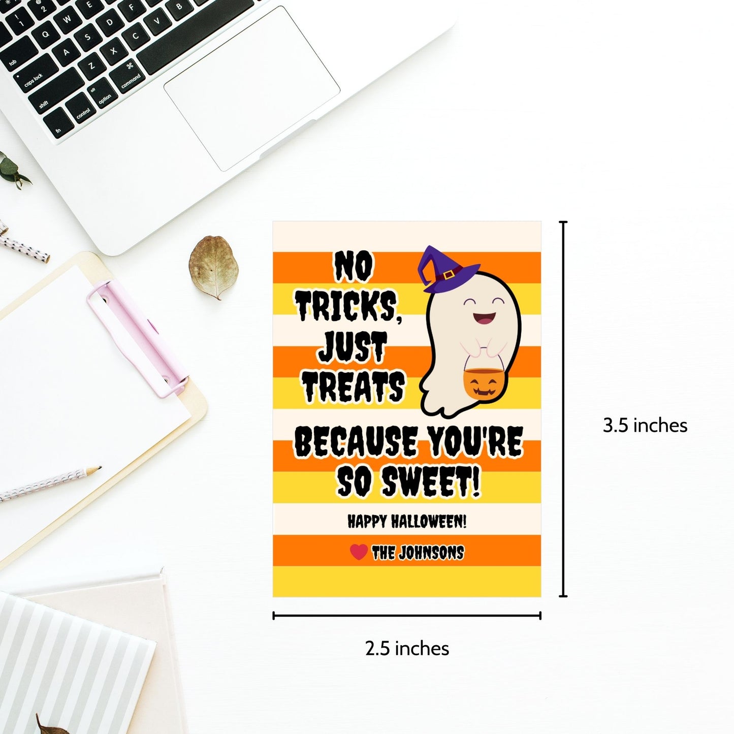 Halloween-themed printable gift tags featuring a cute ghost holding a pumpkin with the message "No Tricks, Just Treats Because You're So Sweet!" Tags are 2.5 x 3.5 inches, laid out 8 per sheet on a standard 8.5 x 11-inch page. Includes a printable PDF and a PDF with a link to an editable Canva template.