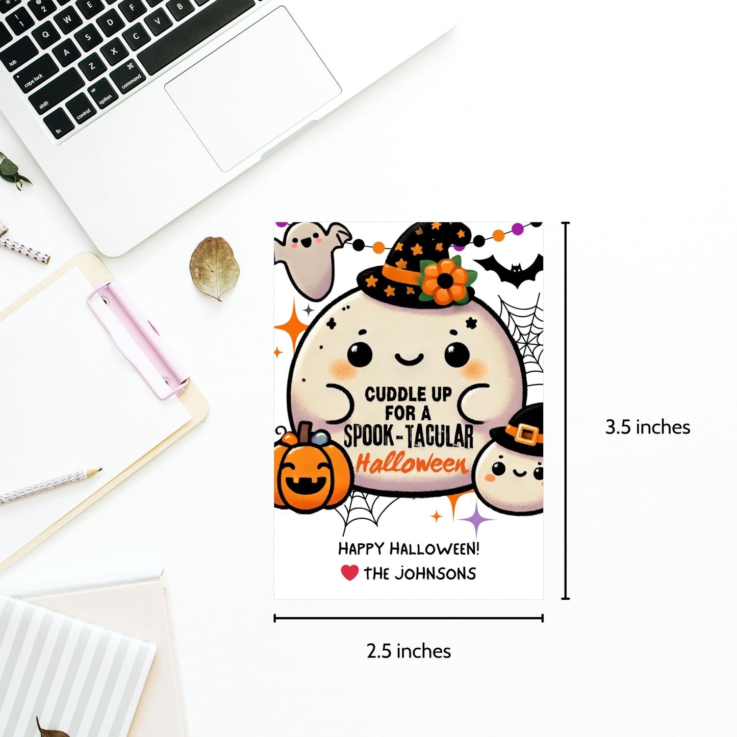 A set of cute, Squishmallow-themed Halloween gift tags featuring an adorable squishy ghost and pumpkin with witch hats. The tags say "Cuddle up for a Spook-Tacular Halloween!" Perfect for Squishmallow fans, these tags are 2.5 x 3.5 inches, laid out 8 per sheet, with a printable PDF and editable template included.