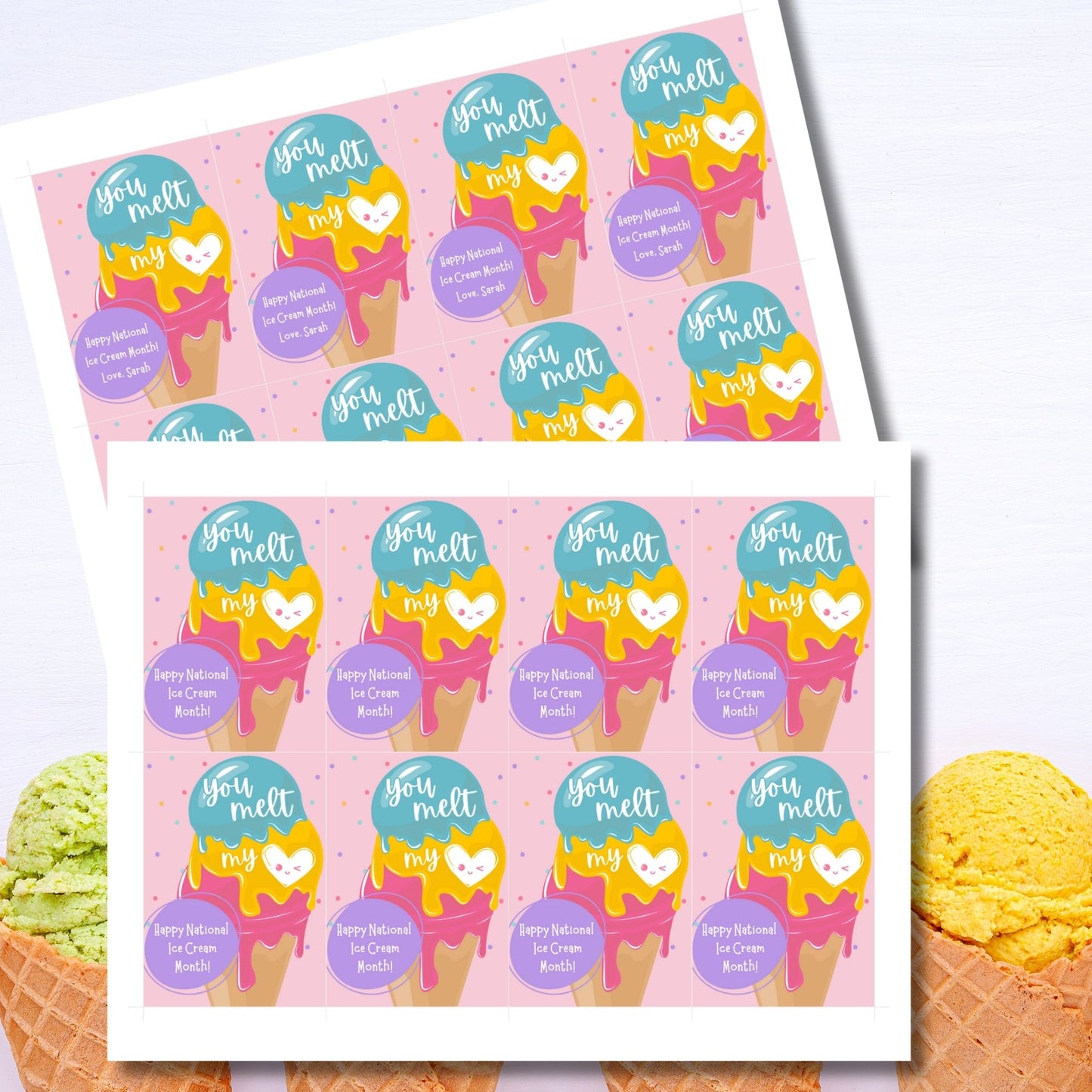 A set of colorful gift tags featuring an ice cream cone with scoops in blue, yellow, and pink, and a heart with a smiling face. The tags read "You Melt My Heart" and include a customizable message for National Ice Cream Month.
