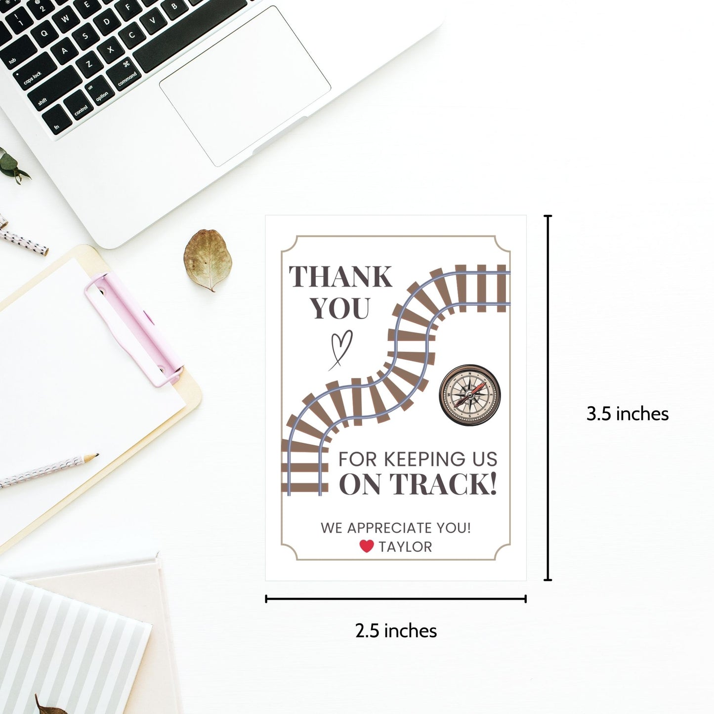 Editable National Boss's Day gift tags with a train track and compass design featuring the message "Thank You for Keeping Us on Track!" Each tag is 2.5 x 3.5 inches, 8 per sheet.