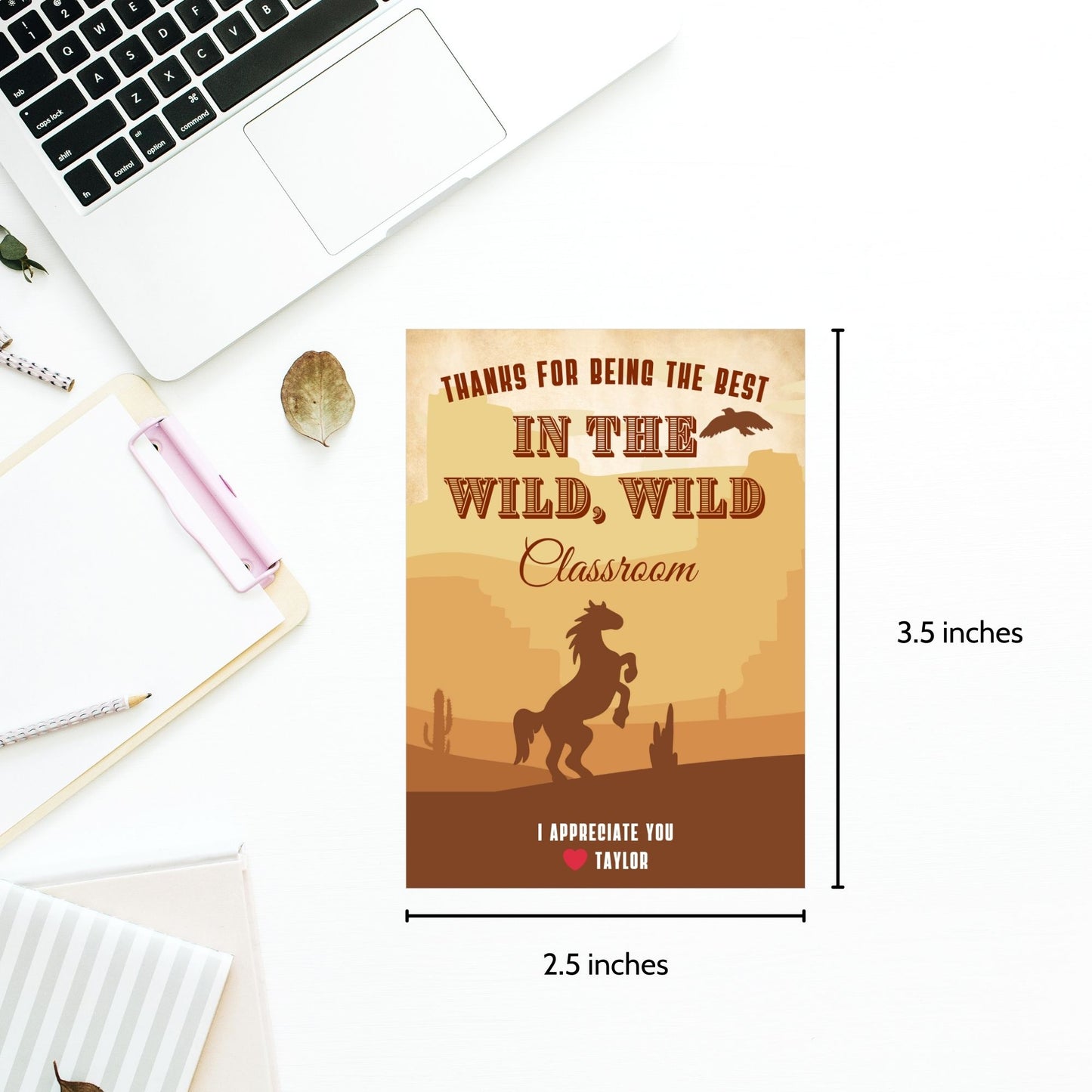 Western-themed teacher appreciation gift tags, sized 2.5 x 3.5 inches, with cowboy hat, boots, and lasso designs, laid out 8 per sheet on an 8.5 x 11-inch printable page. Includes editable Canva template for personalization.