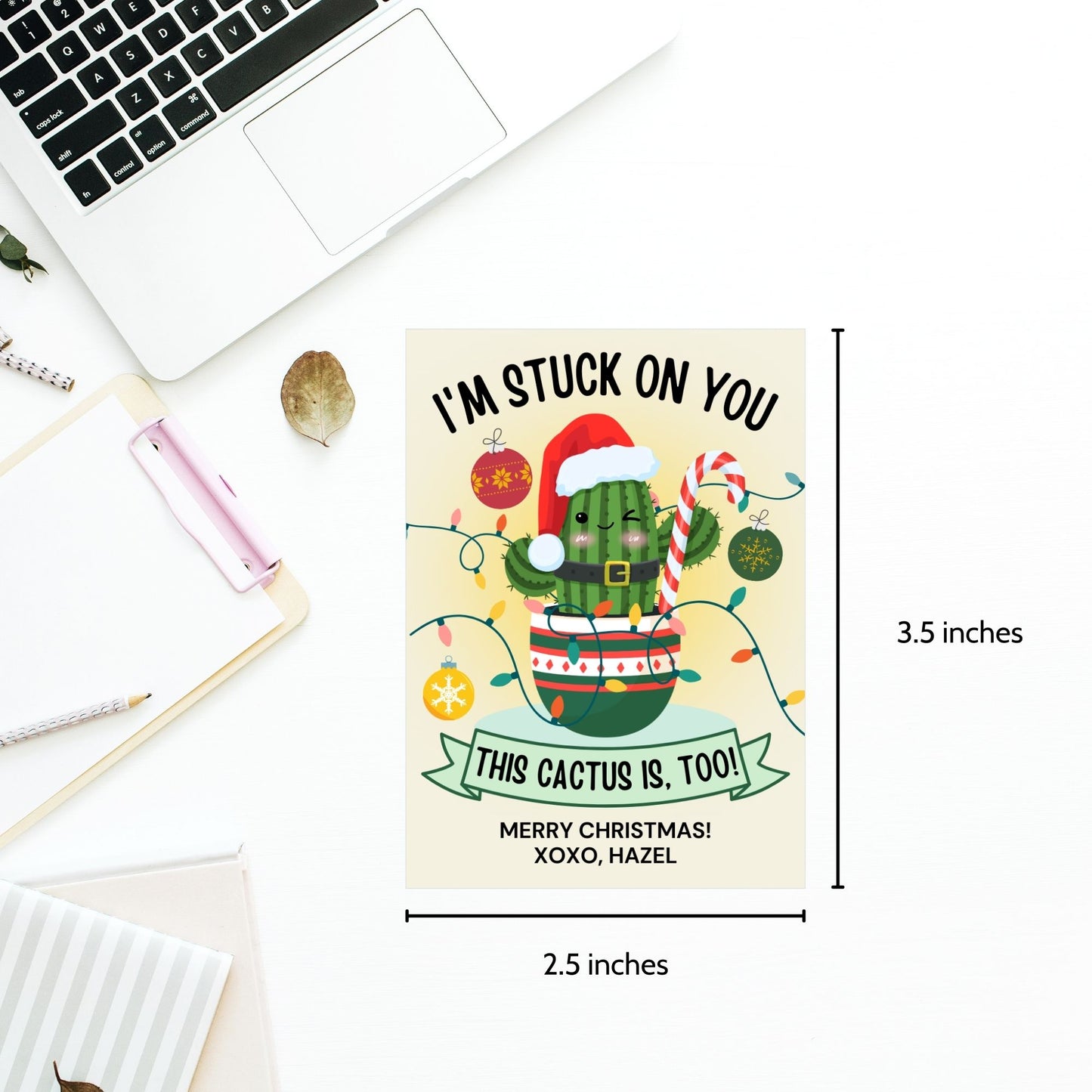 Festive holiday gift tags featuring a cheerful cactus in Christmas attire, perfect for cactus-themed or succulent gifts. Includes printable PDF and editable Canva template.