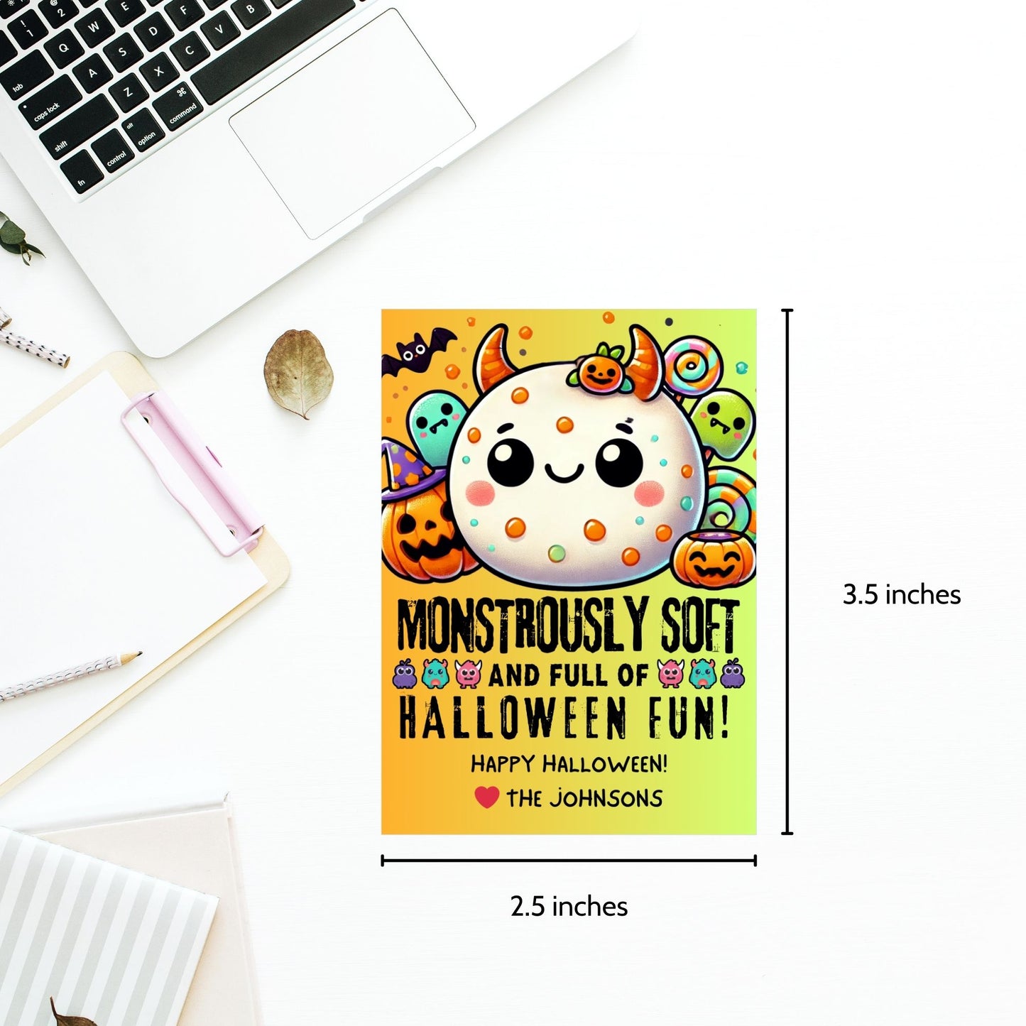 Cute and colorful Halloween gift tags featuring a squishy monster character, designed for Squishmallow gifts. The tag reads "Monstrously Soft and Full of Halloween Fun!"—perfect for adding a fun and festive touch to your Halloween presents. Each tag is 2.5 x 3.5 inches and comes with a printable PDF and an editable template.