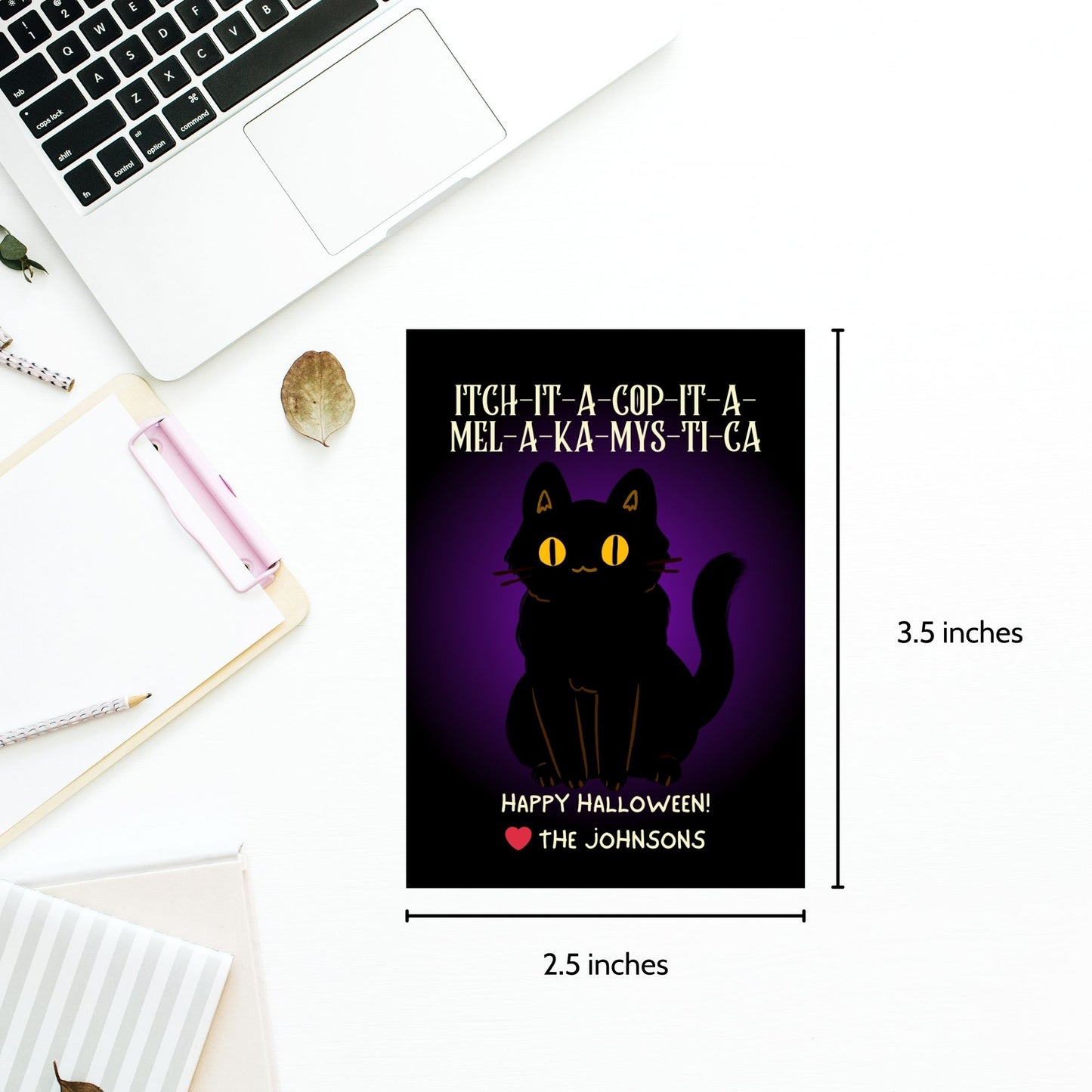 Printable Halloween gift tags featuring the famous "Hocus Pocus" cat chant with a black cat and a mysterious purple background, perfect for party favors or spooky gifts.