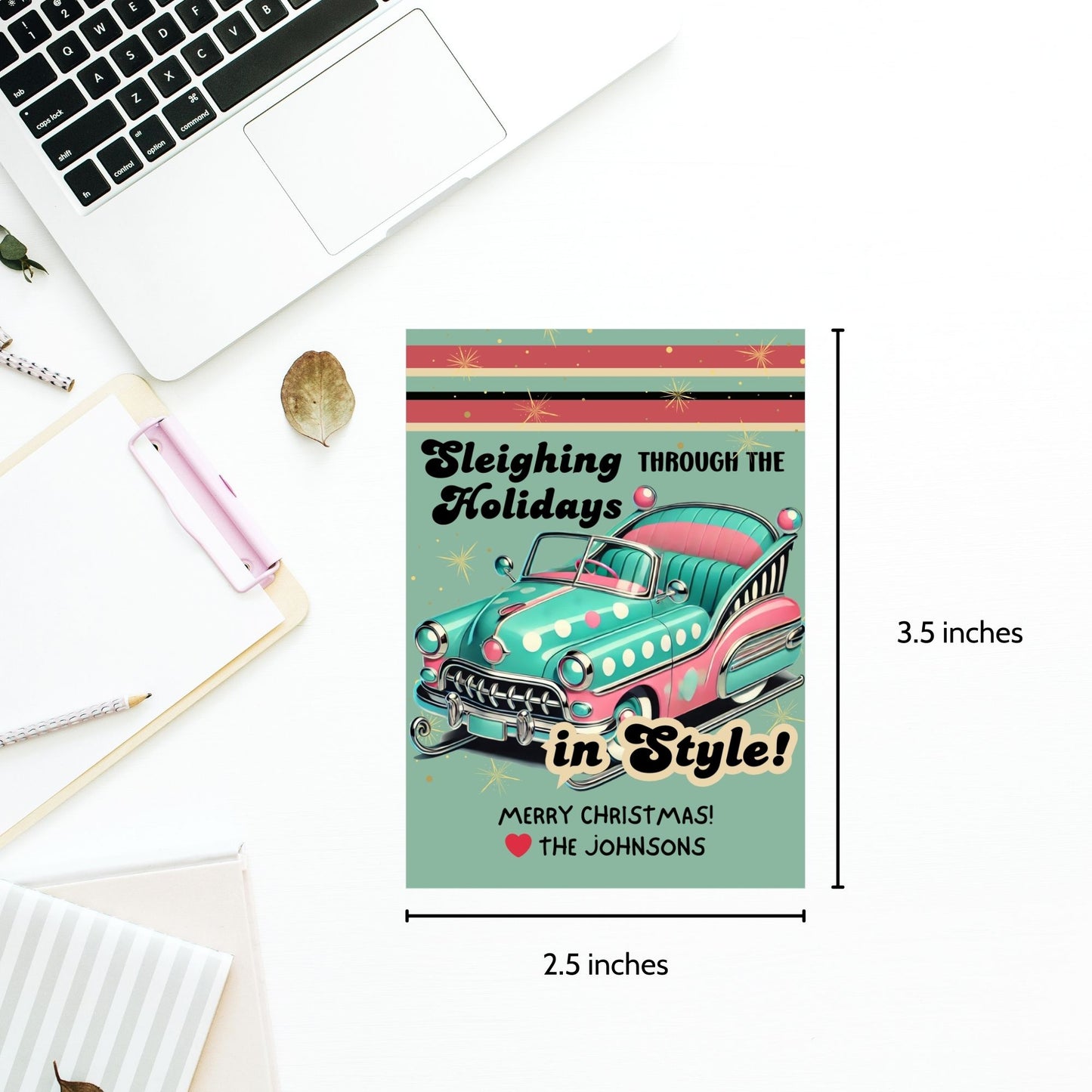 Retro-inspired Christmas gift tags featuring a vintage car with holiday decorations and the message "Sleighing Through the Holidays in Style!" These printable and editable tags add a nostalgic, stylish touch to holiday gifts.