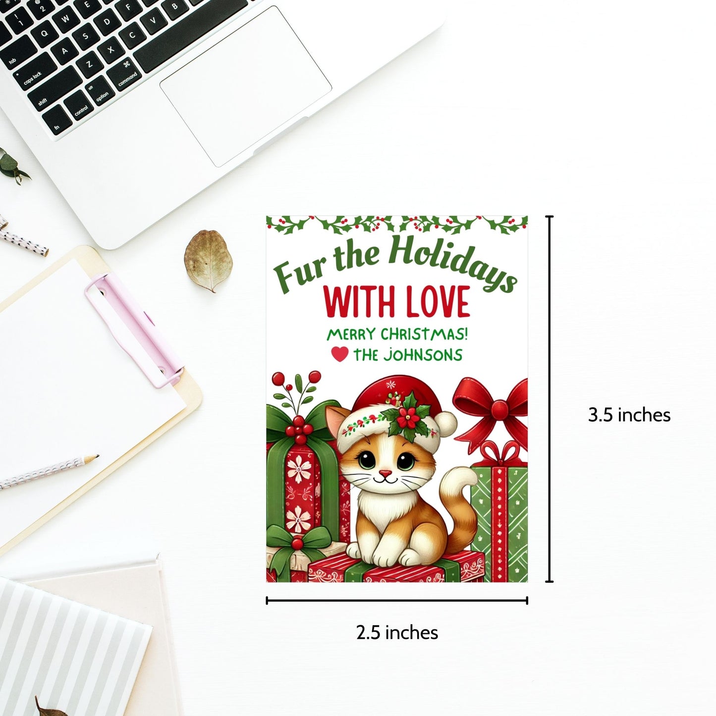 Christmas gift tags featuring a cute kitten in a Santa hat with festive gifts and holly, paired with the message "Fur the Holidays with Love." These printable and editable tags are perfect for adding a warm touch to gifts for cat lovers.