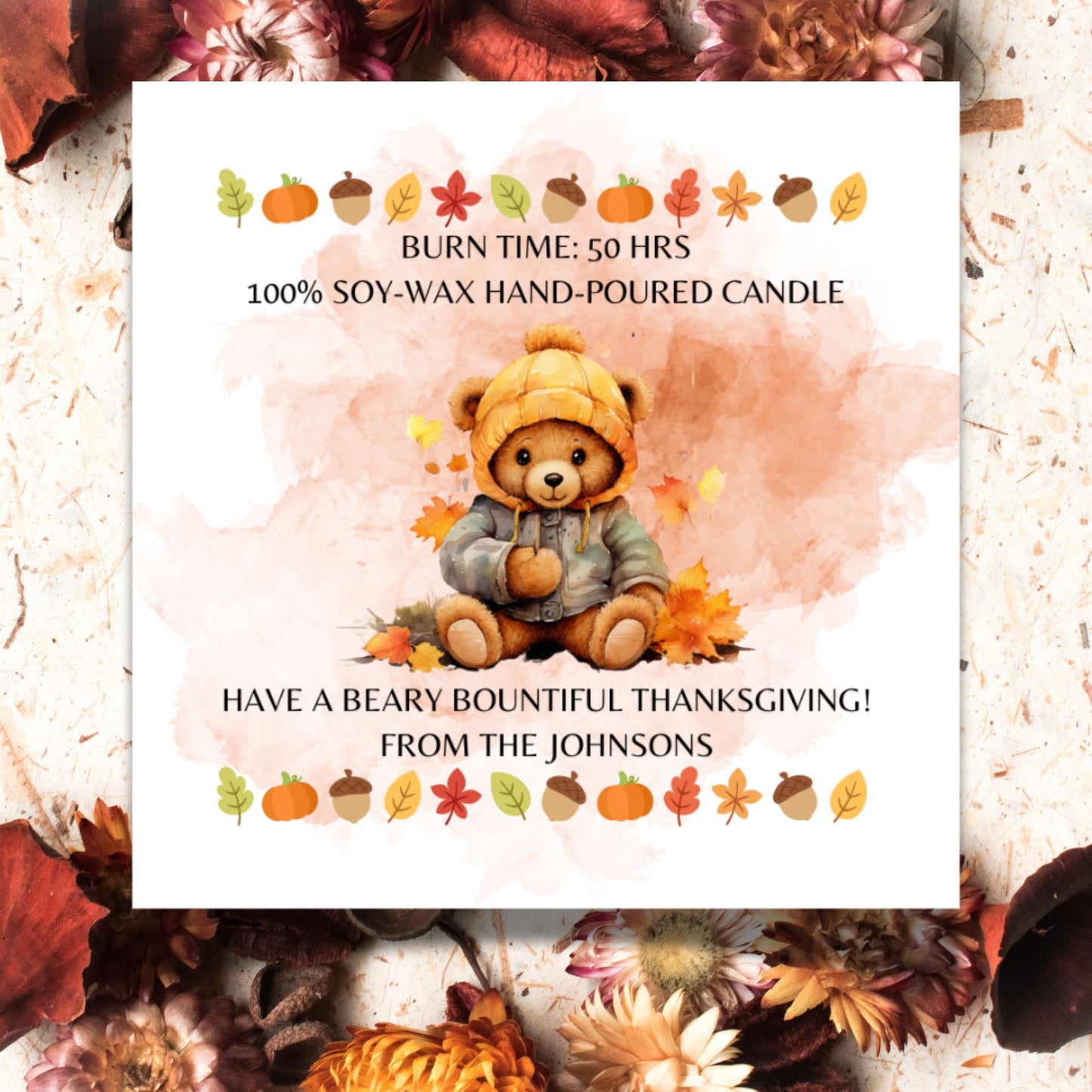 A set of 9 "Beary Bountiful Thanksgiving" themed Fall candle labels featuring charming bears, autumn leaves, and Thanksgiving motifs. The 2.75-inch square labels come as fixed designs with editable text for personal customization.