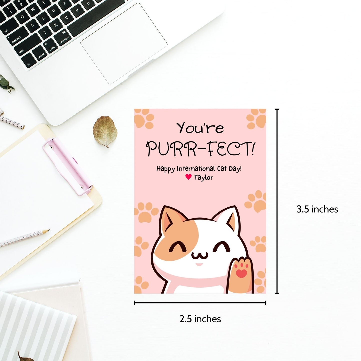 Editable International Cat Day gift tags, perfect for cat-themed parties or gifts for cat lovers, laid out on an 8.5 x 11-inch sheet with 8 tags per sheet