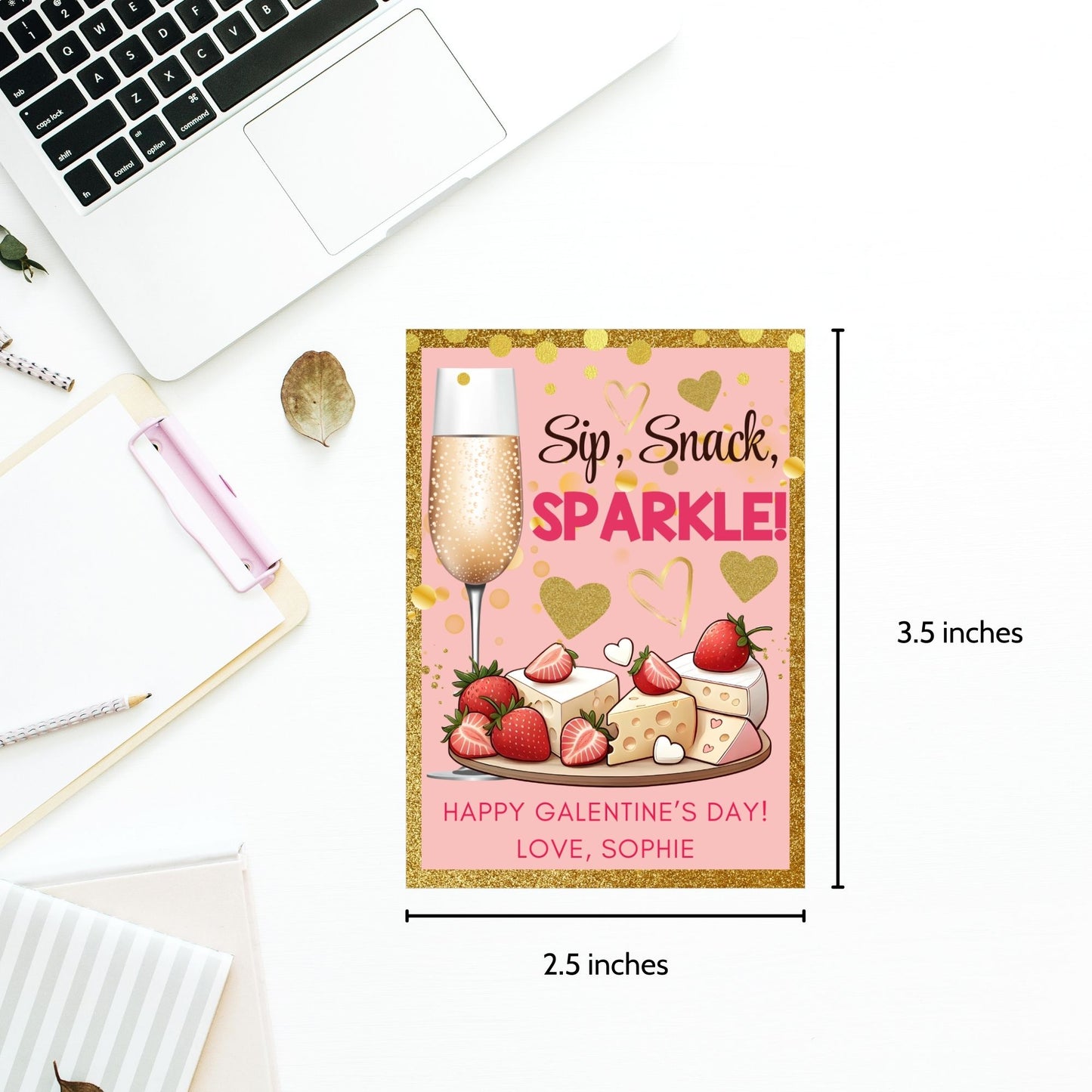 Chic printable and editable Galentine’s Day gift tags featuring champagne, cheese, strawberries, and the message "Sip, Snack, Sparkle!" Perfect for wine nights, brunch, or Galentine’s gift bags.