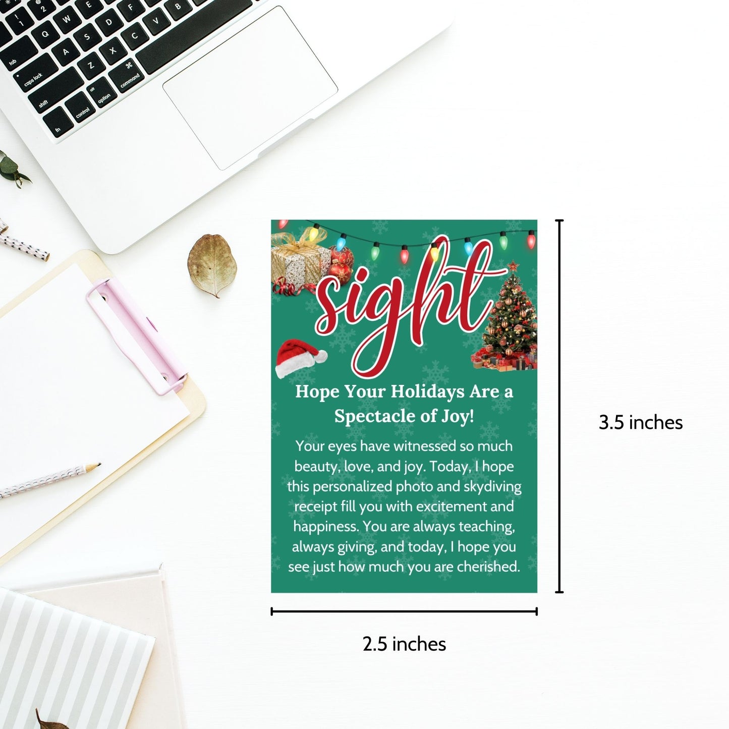 Festive holiday 5 Senses Gift Tags featuring Santa hats, Christmas trees, and snowflakes. Ideal for teachers, nurses, employees, and more. Includes an editable Canva template with personalized descriptions. Double-sided and perfect for spreading holiday cheer!