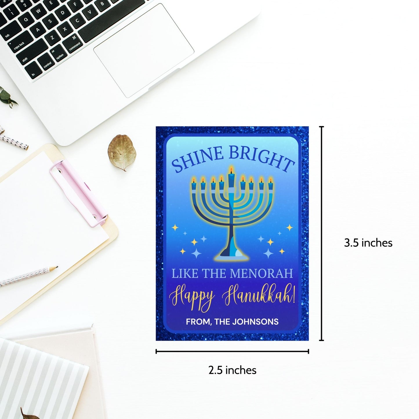 A sheet of eight printable and editable Hanukkah gift tags featuring a vibrant menorah design with the text "Shine Bright Like the Menorah - Happy Hanukkah!" Perfect for adding a festive touch to Hanukkah gifts.