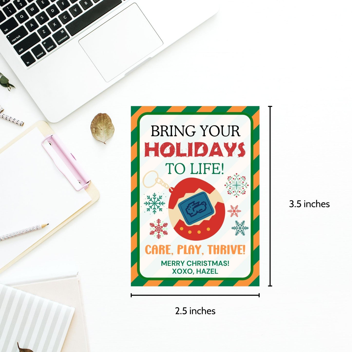 Festive holiday gift tags for Tamagotchi gifts featuring a colorful digital pet theme with a cheerful holiday message, perfect for kids or nostalgic retro lovers.