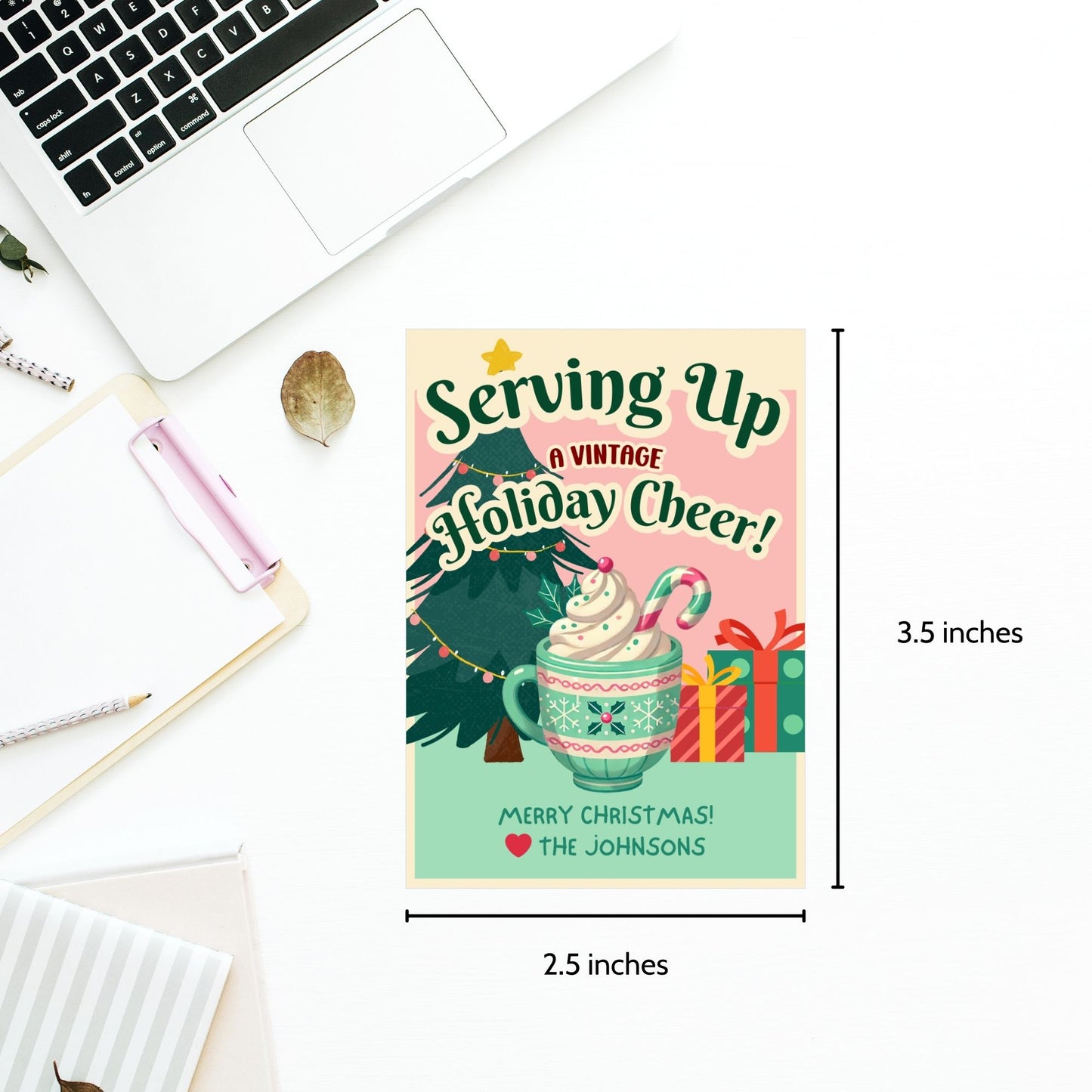 Retro-inspired Christmas gift tags featuring a cozy mug of whipped cream with a candy cane, a Christmas tree, and presents, paired with the message "Serving Up a Vintage Holiday Cheer!" These printable and editable tags add a charming, nostalgic touch to holiday gifts.