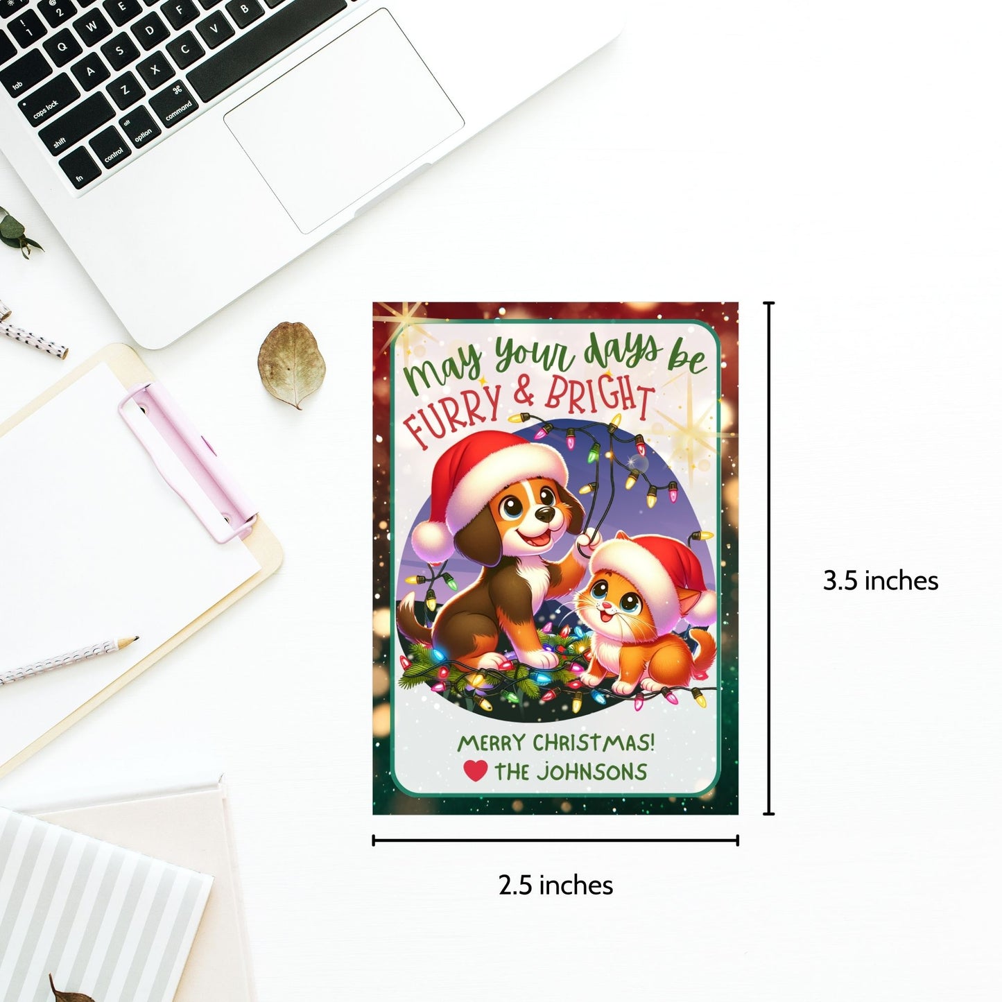 Christmas gift tags featuring a cute dog and cat in Santa hats, surrounded by festive holiday lights with the message "May Your Days Be Furry & Bright." These printable and editable tags are perfect for pet-themed holiday gifts.