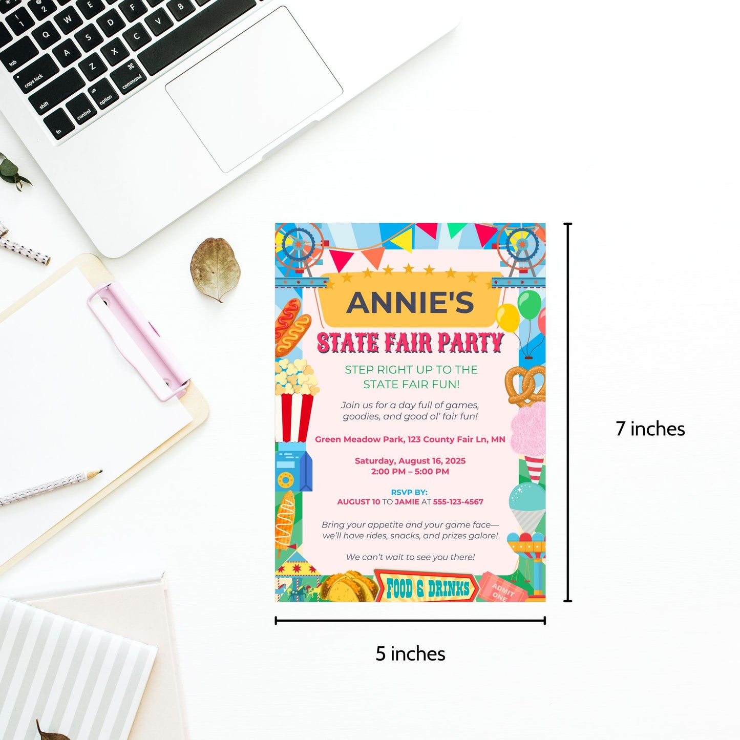 Editable State Fair Party Invitation with Ferris wheels, popcorn, cotton candy, hot dogs, and colorful fair elements; 5x7 Canva template printable for birthdays or summer events.