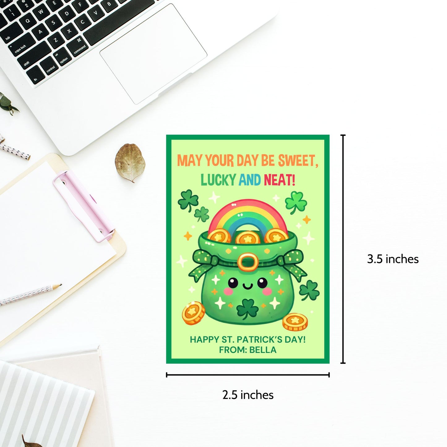 A fun and festive St. Patrick’s Day printable gift tag featuring a cute smiling pot of gold, shamrocks, and a rainbow, with the cheerful message “May Your Day Be Sweet, Lucky, and Neat!” The tags are 2.5 x 3.5 inches, laid out on an 8.5 x 11-inch sheet, 8 per page. Available as a printable PDF and an editable Canva template for personalization.