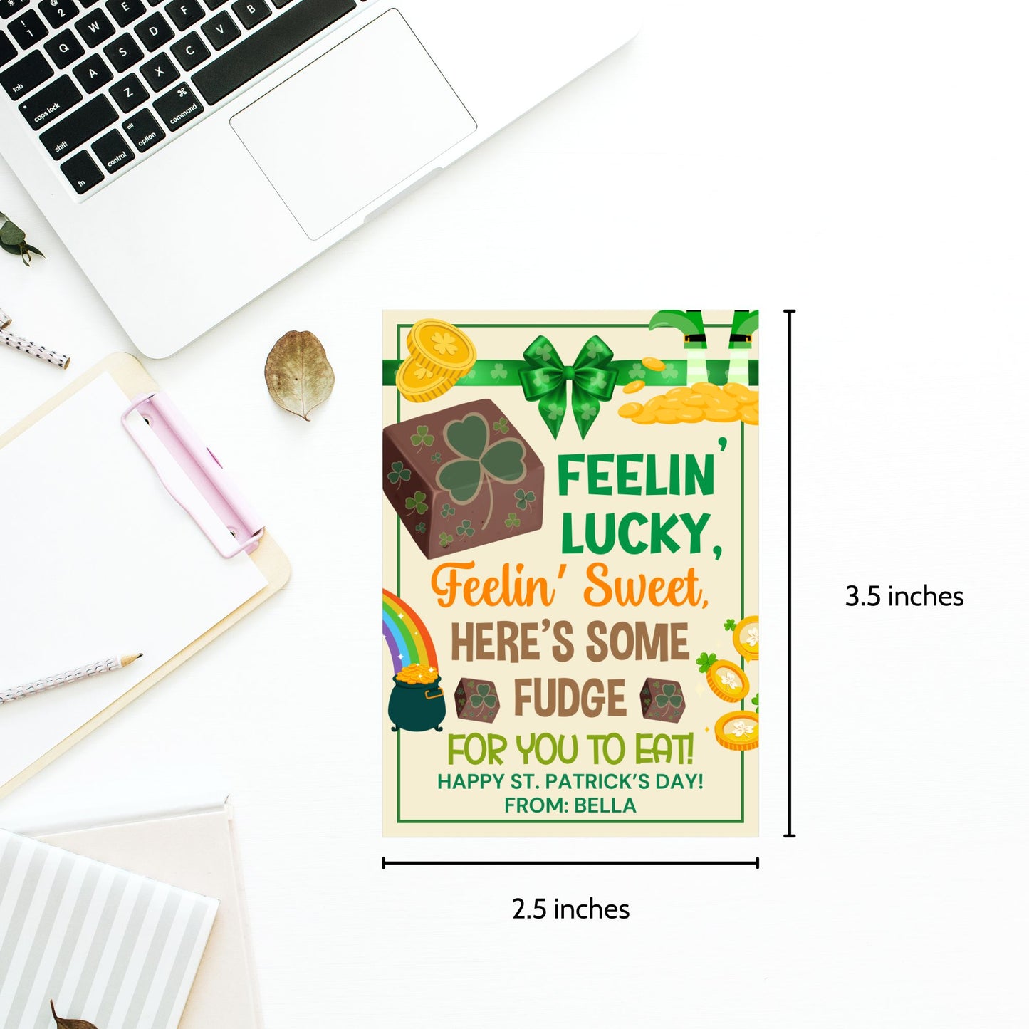 A festive St. Patrick’s Day printable gift tag featuring chocolate fudge decorated with shamrocks, gold coins, and rainbows, with the fun phrase “Feelin’ Lucky, Feelin’ Sweet – Here’s Some Fudge for You to Eat!” The tags are 2.5 x 3.5 inches, laid out on an 8.5 x 11-inch sheet, 8 per page. Available as a printable PDF and an editable Canva template for personalization.