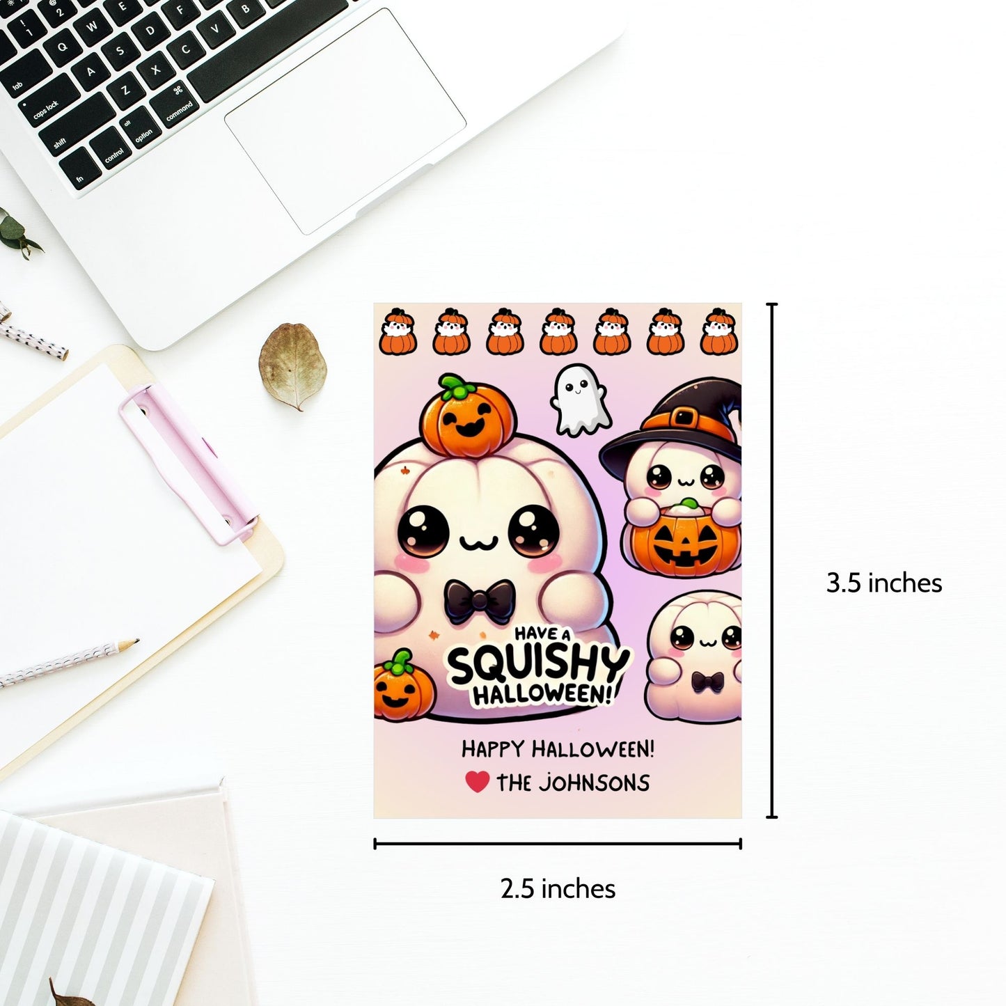 Adorable Halloween-themed printable gift tags featuring cute Squishmallow-style pumpkins and ghosts. The tag reads "Have a Squishy Halloween!" Perfect for Halloween treats, sized 2.5 x 3.5 inches, laid out 8 per sheet. Includes a printable PDF and a link to an editable Canva template.