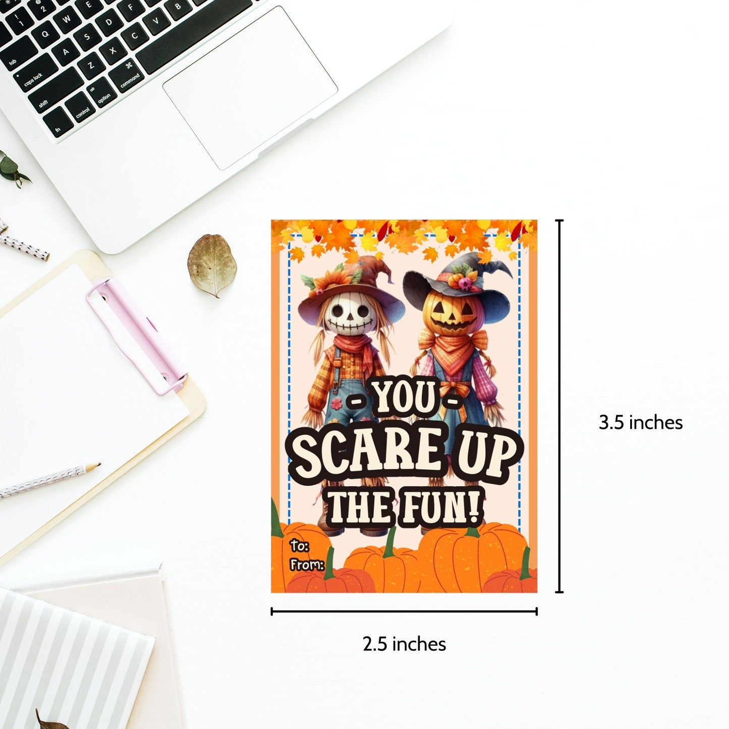 Editable scarecrow-themed fall gift tags with the message 'You Scare Up the Fun!' in 2.5 x 3.5 inches, 8 per sheet, available as printable and customizable PDFs