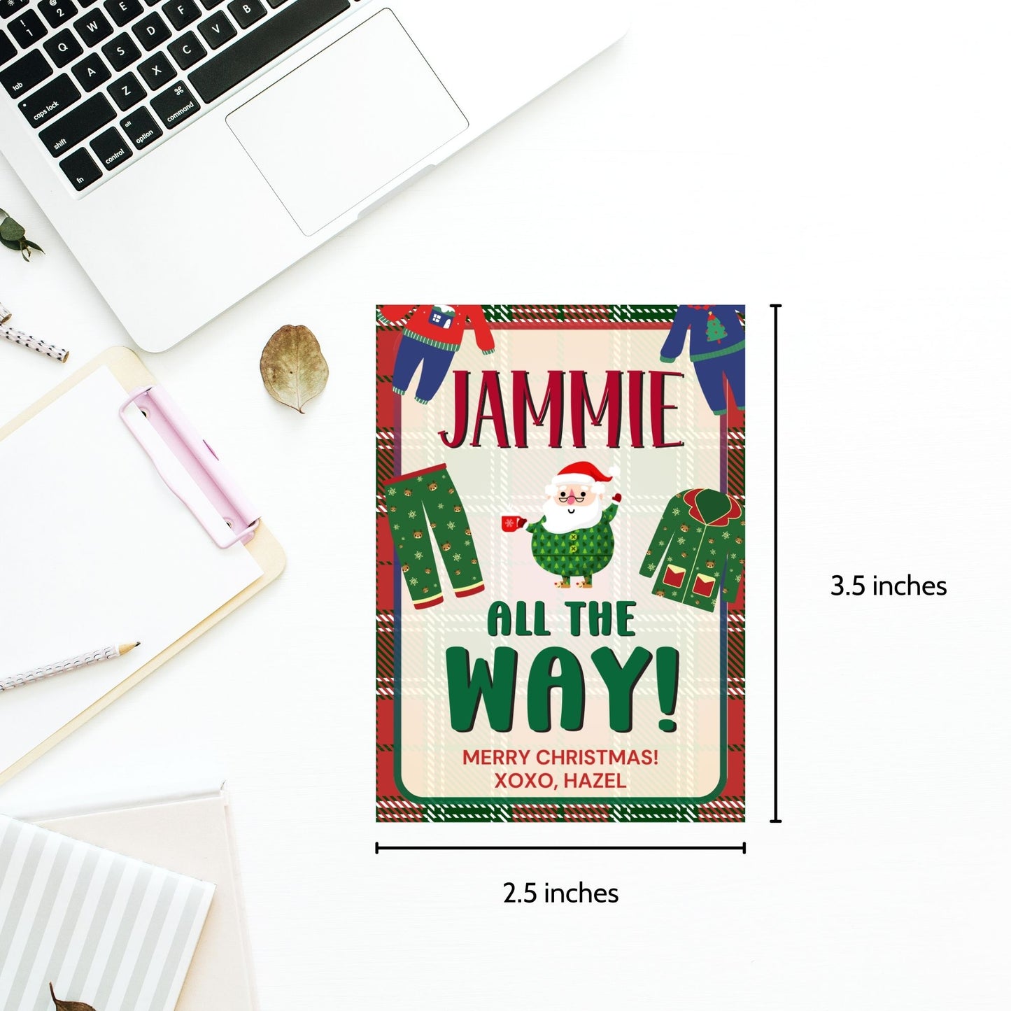 Holiday gift tags with a "Jammie All the Way!" theme, ideal for attaching to pajama gifts, featuring festive holiday pajamas, Santa, and a cozy plaid background.