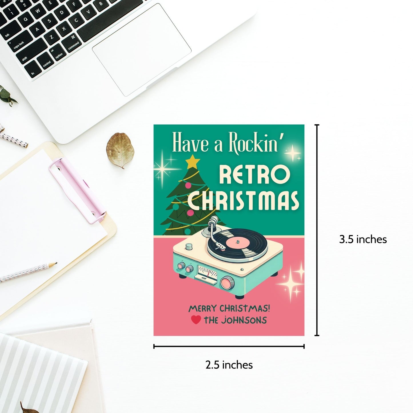 Retro Christmas gift tags featuring a vintage record player and festive Christmas tree, with the text "Have a Rockin' Retro Christmas." Editable and printable tags to add a nostalgic touch to holiday gifts.