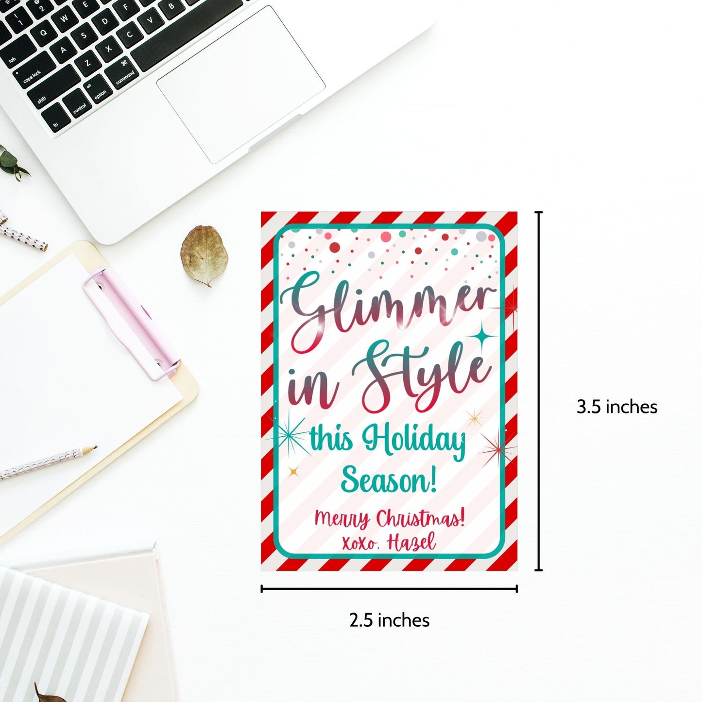 Festive "Glimmer in Style this Holiday Season" gift tags with a candy cane border, ideal for makeup gifts like lip gloss, lipstick, or eyeshadow. Includes printable PDF and editable Canva template.