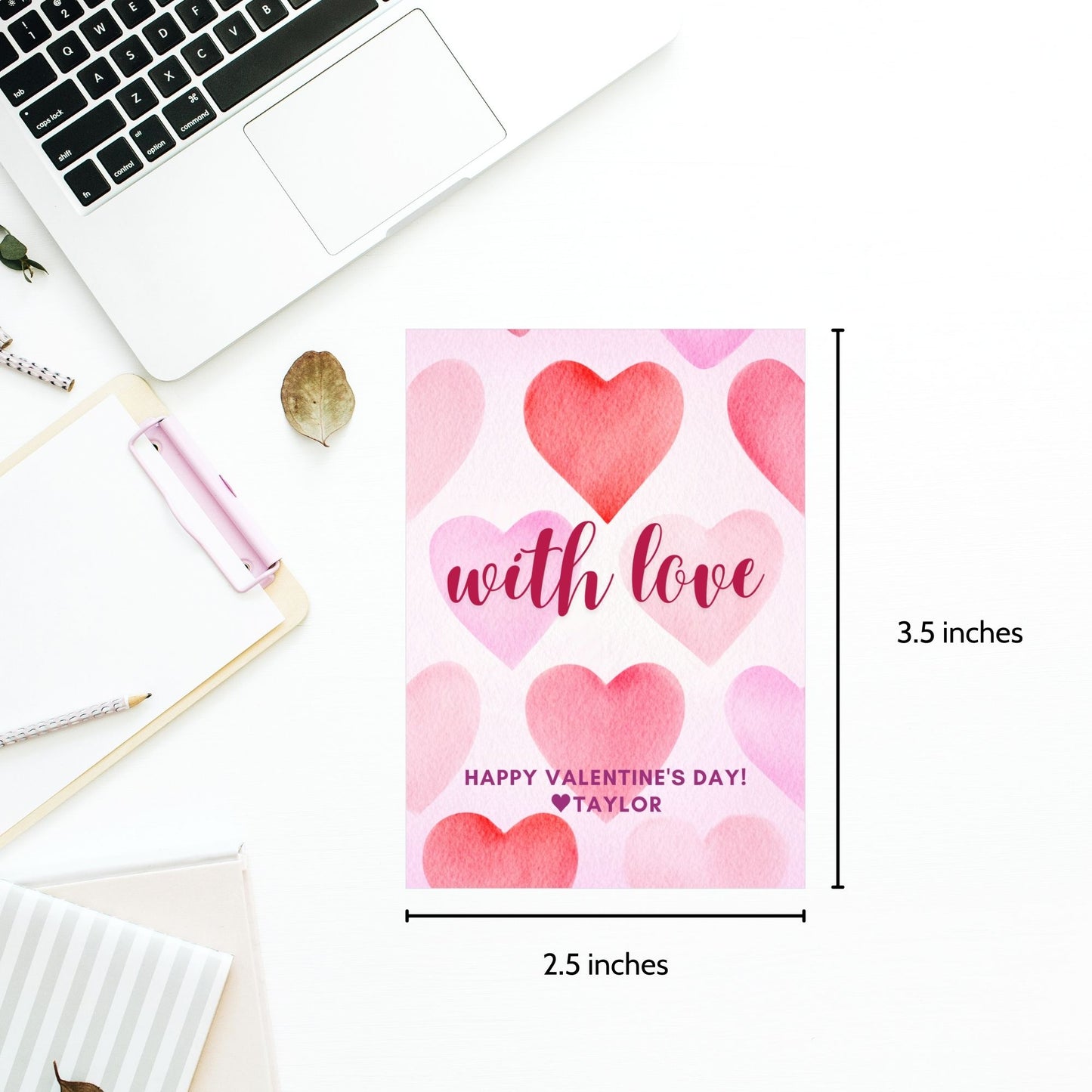 Elegant printable and editable Valentine’s Day gift tags with watercolor heart designs and the message "With Love." Perfect for pairing with See’s Candies chocolates or any Valentine’s gift.