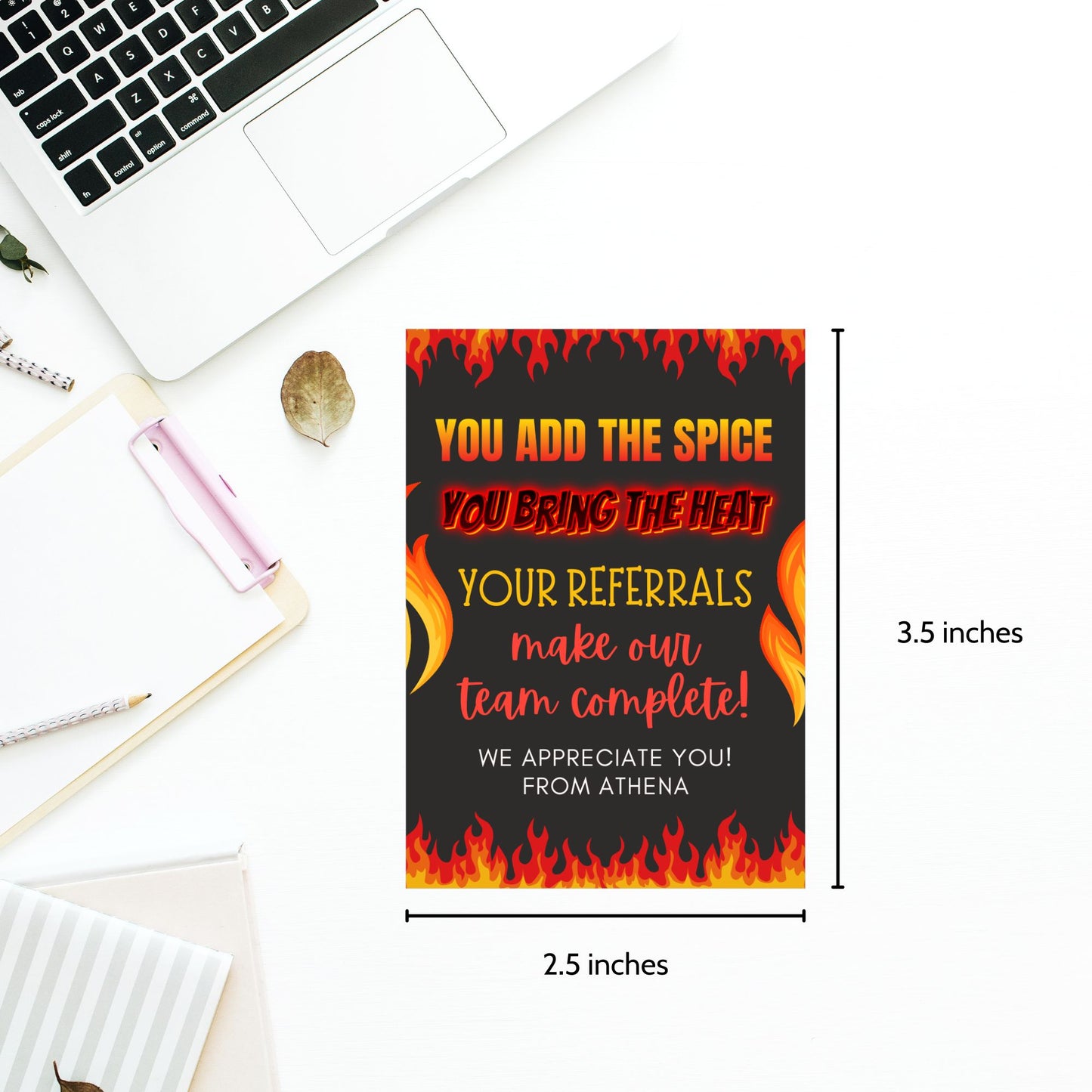 A printable PDF of hot sauce-themed referral gift tags, titled "You Add the Spice, You Bring the Heat," customizable in Canva.