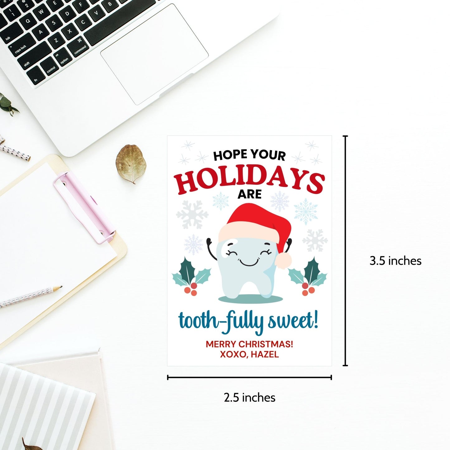 A festive gift tag featuring a cute tooth character in a Santa hat, with holly and snowflakes, perfect for dentist-themed holiday gifts.