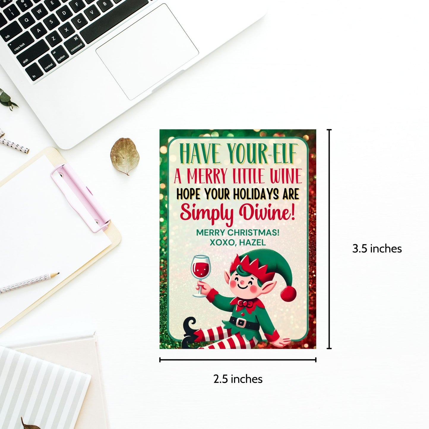 Christmas gift tags featuring a cheerful elf holding a glass of wine with the message "Have Your-elf a Merry Little Wine," perfect for holiday wine gifts. These printable and editable tags add a festive and humorous touch to wine presents.
