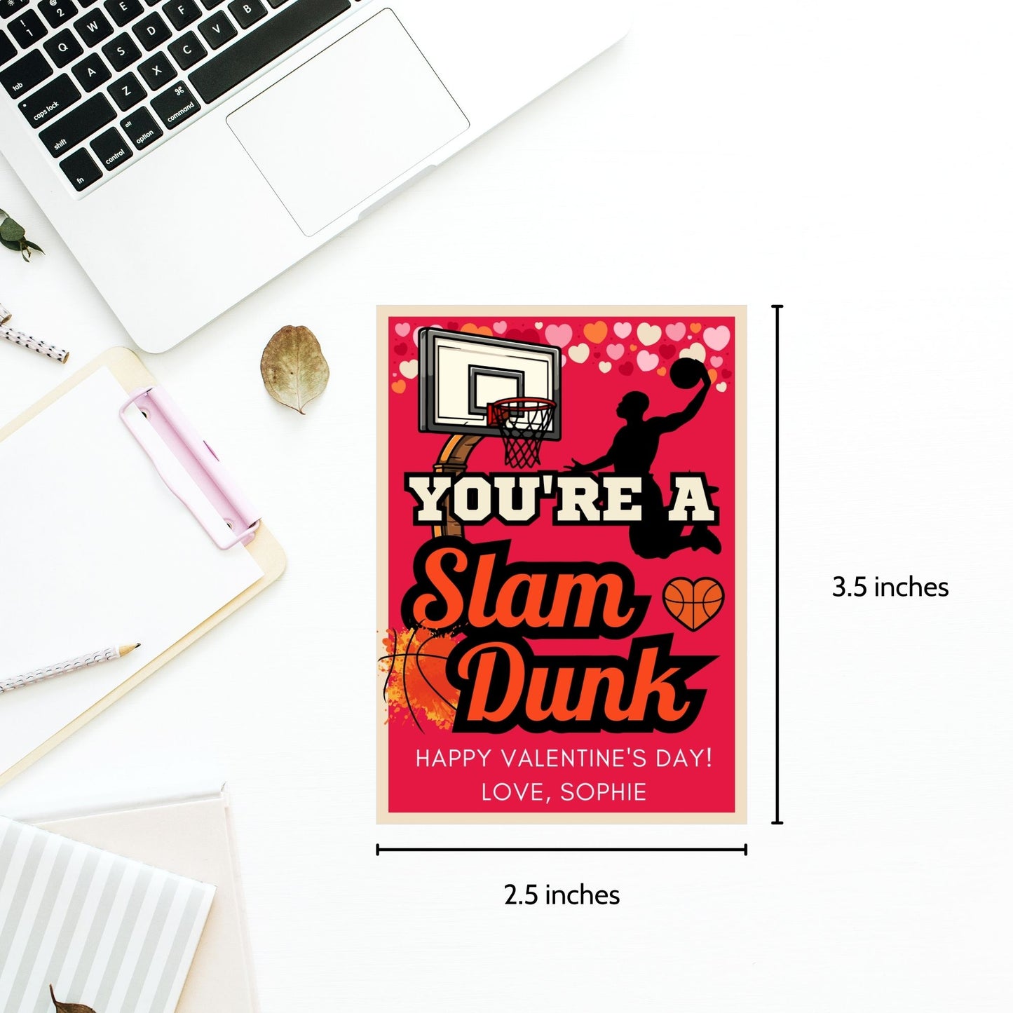 Printable and editable basketball-themed Valentineās Day gift tags with the message "Youāre a Slam Dunk." Features a red and black design with a basketball hoop and hearts, perfect for teammates, coaches, and sports lovers.