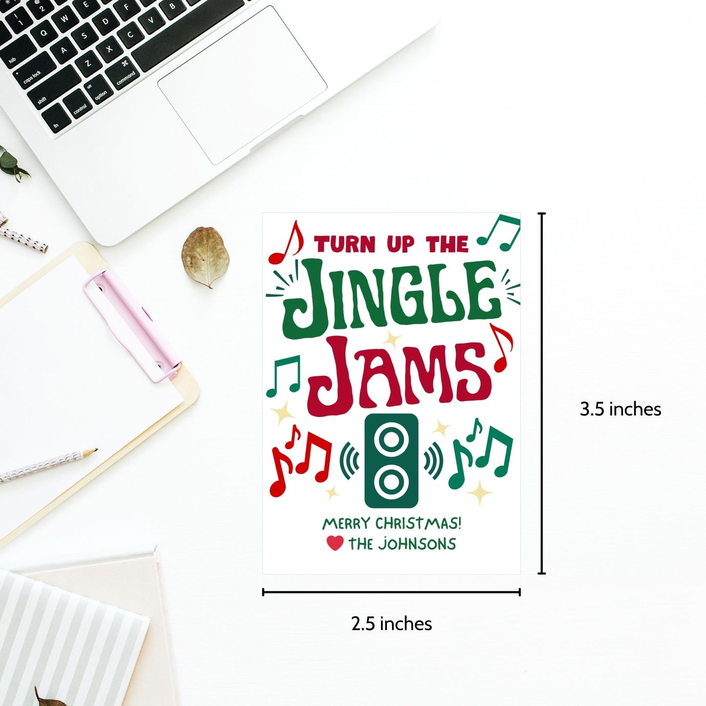 Christmas gift tags with the message "Turn Up the Jingle Jams," featuring musical notes and a speaker icon, perfect for gifts like Bluetooth speakers or Christmas party favors. These printable and editable tags add a fun and festive touch.