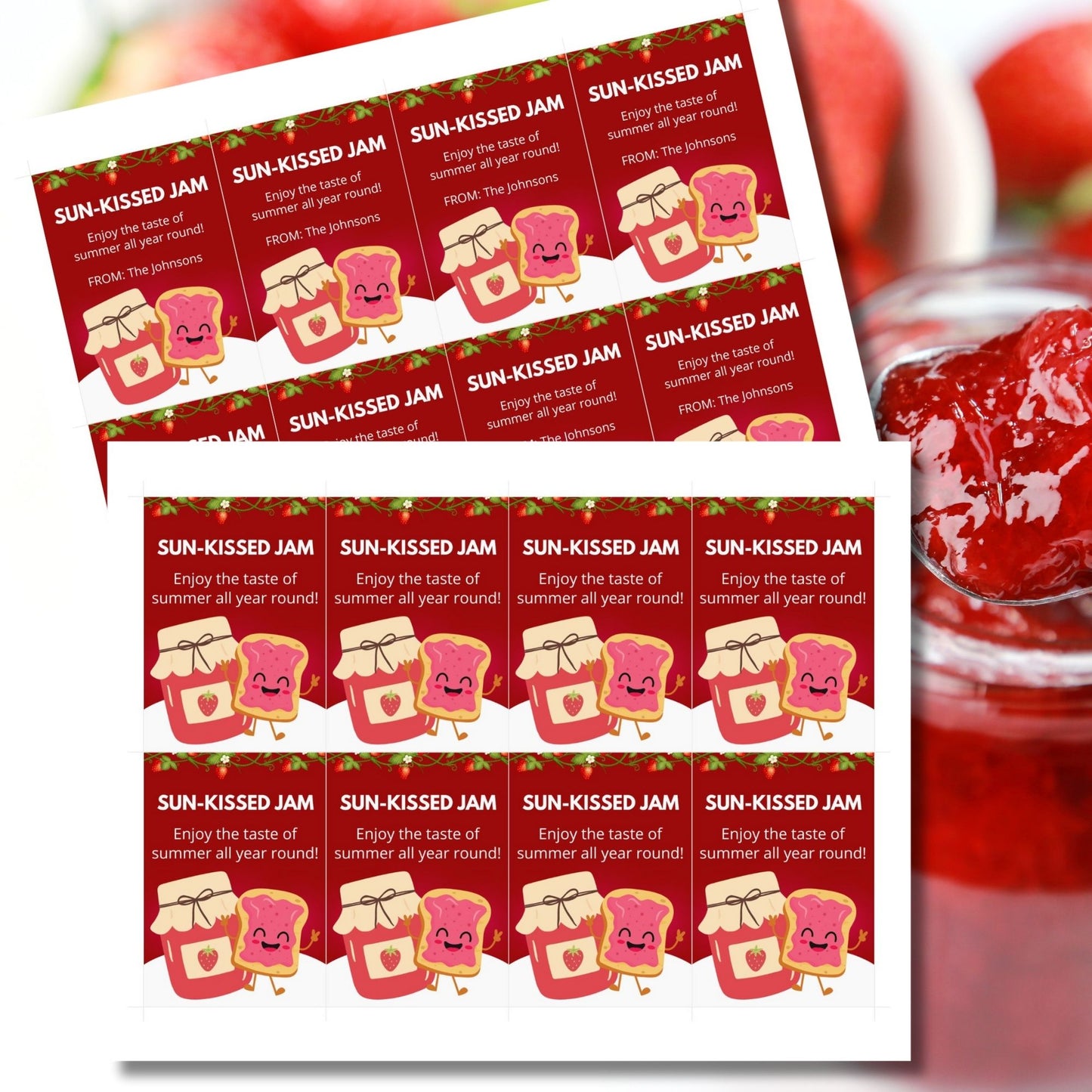 Charming gift tags featuring a colorful jam and toast design with the text "Sun-Kissed Jam. Enjoy the taste of summer all year round!" Personalize with names and messages.