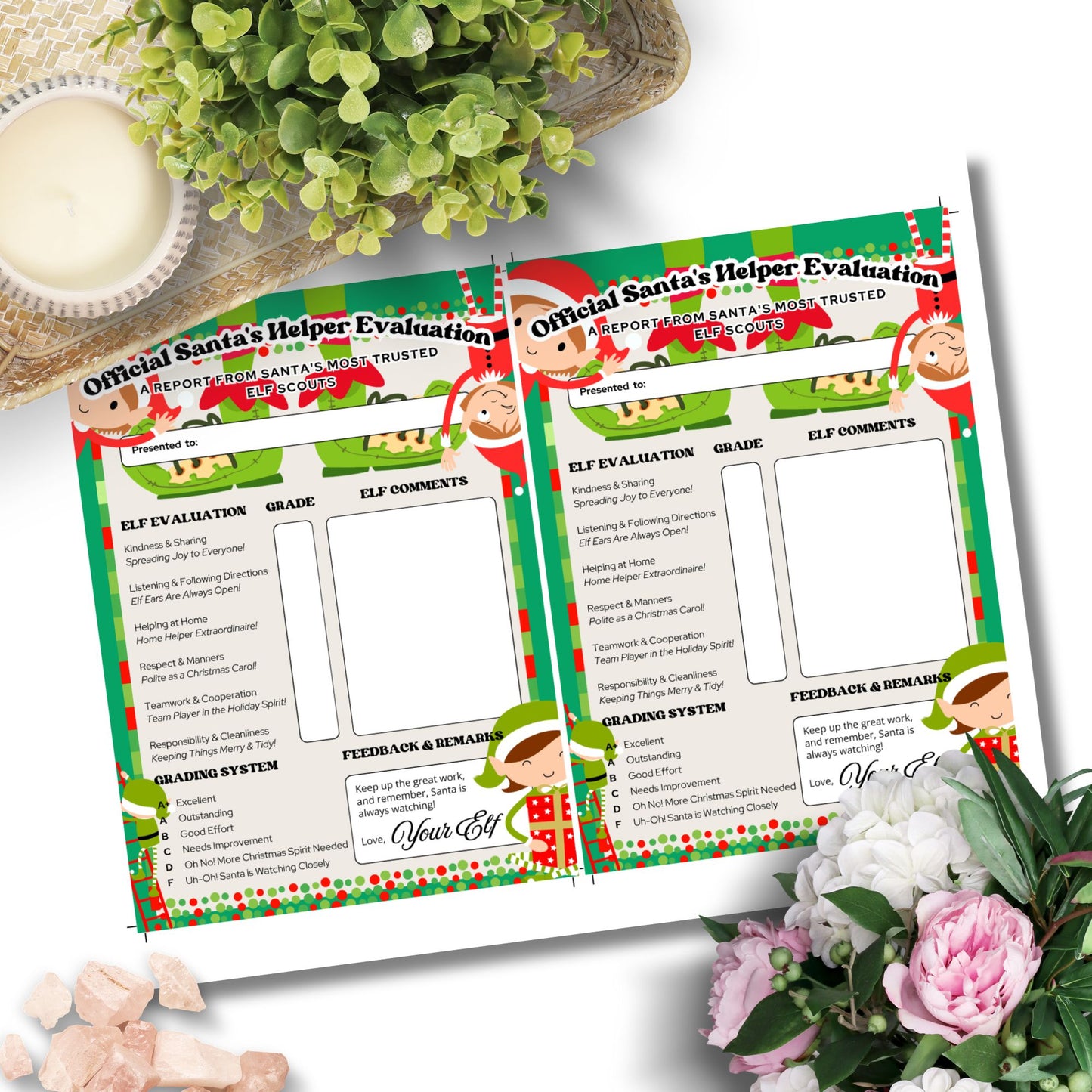 A playful Printable Elf Report Card, sized 5x7 inches, featuring festive holiday themes and adorable elf feedback options, designed to encourage good behavior and add a touch of Christmas magic.
