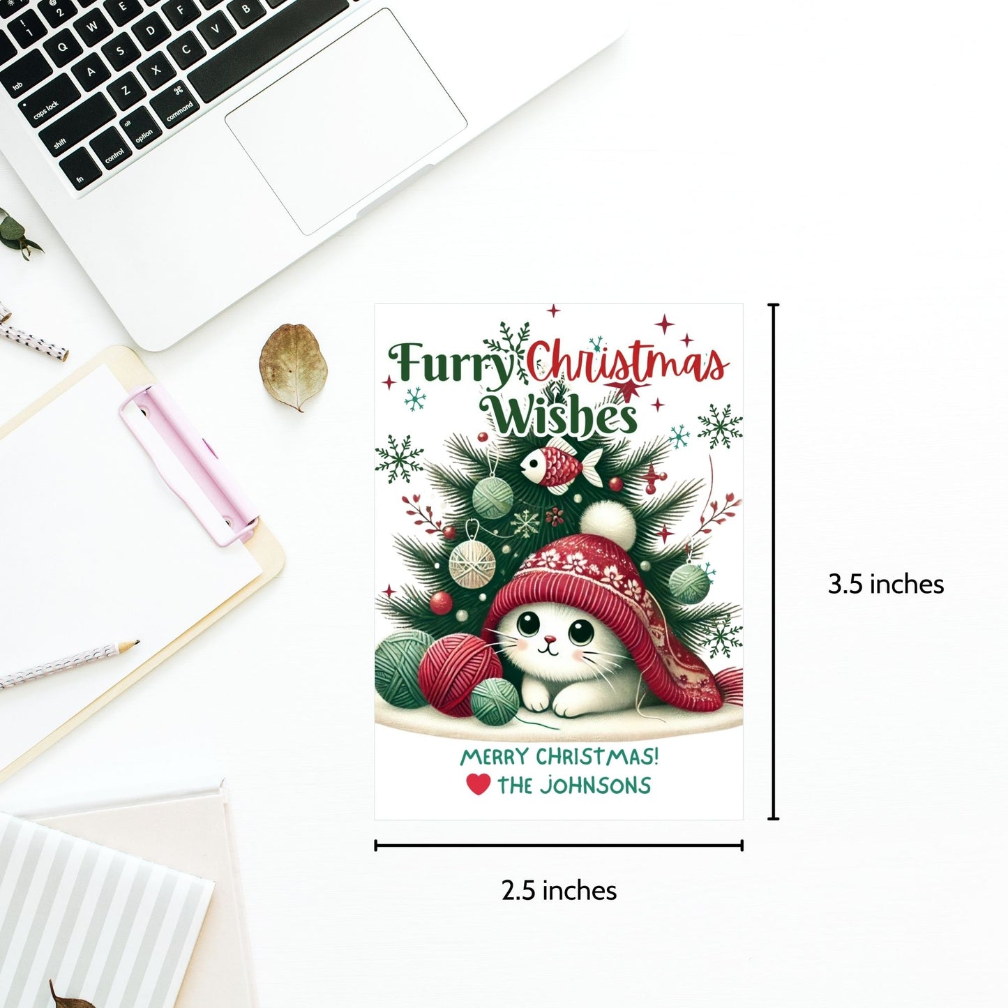 Christmas gift tags featuring an adorable kitten in a festive scene, with the message "Furry Christmas Wishes." These printable and editable tags are perfect for cat lovers and add a cute, cozy touch to holiday gifts.