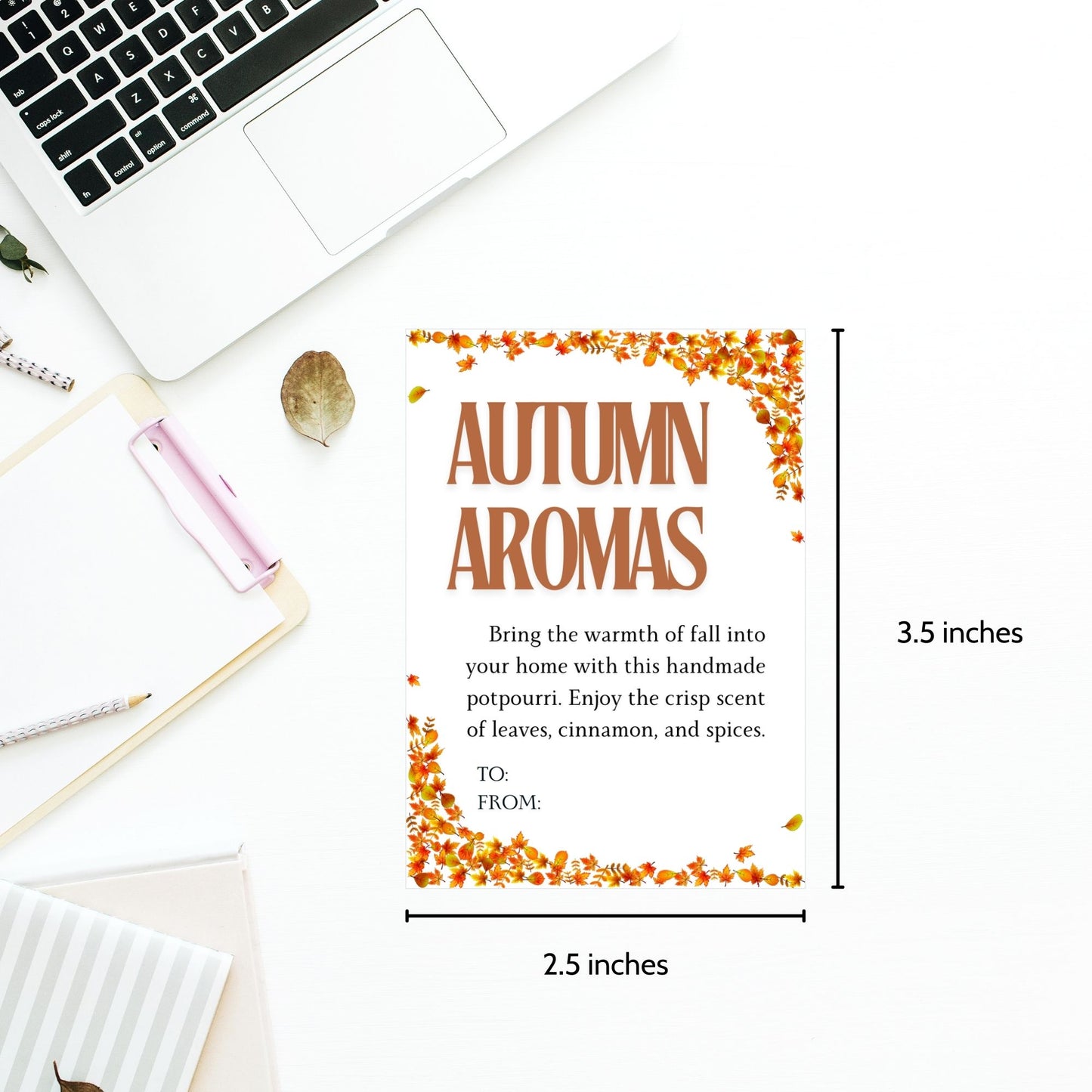 Printable 'Autumn Aromas' fall gift tags with a festive leaf border, perfect for seasonal gifting, potpourri, and Thanksgiving presents. Includes customizable To/From sections for a personalized touch.