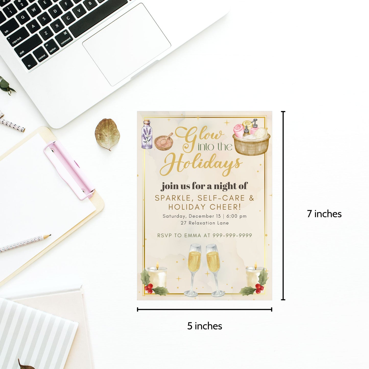 Editable Glow into the Holidays spa party invitation with elegant winter glow design, featuring pastel gold and blush accents, customizable Canva template, printable 5x7 invite for Christmas self-care event.
