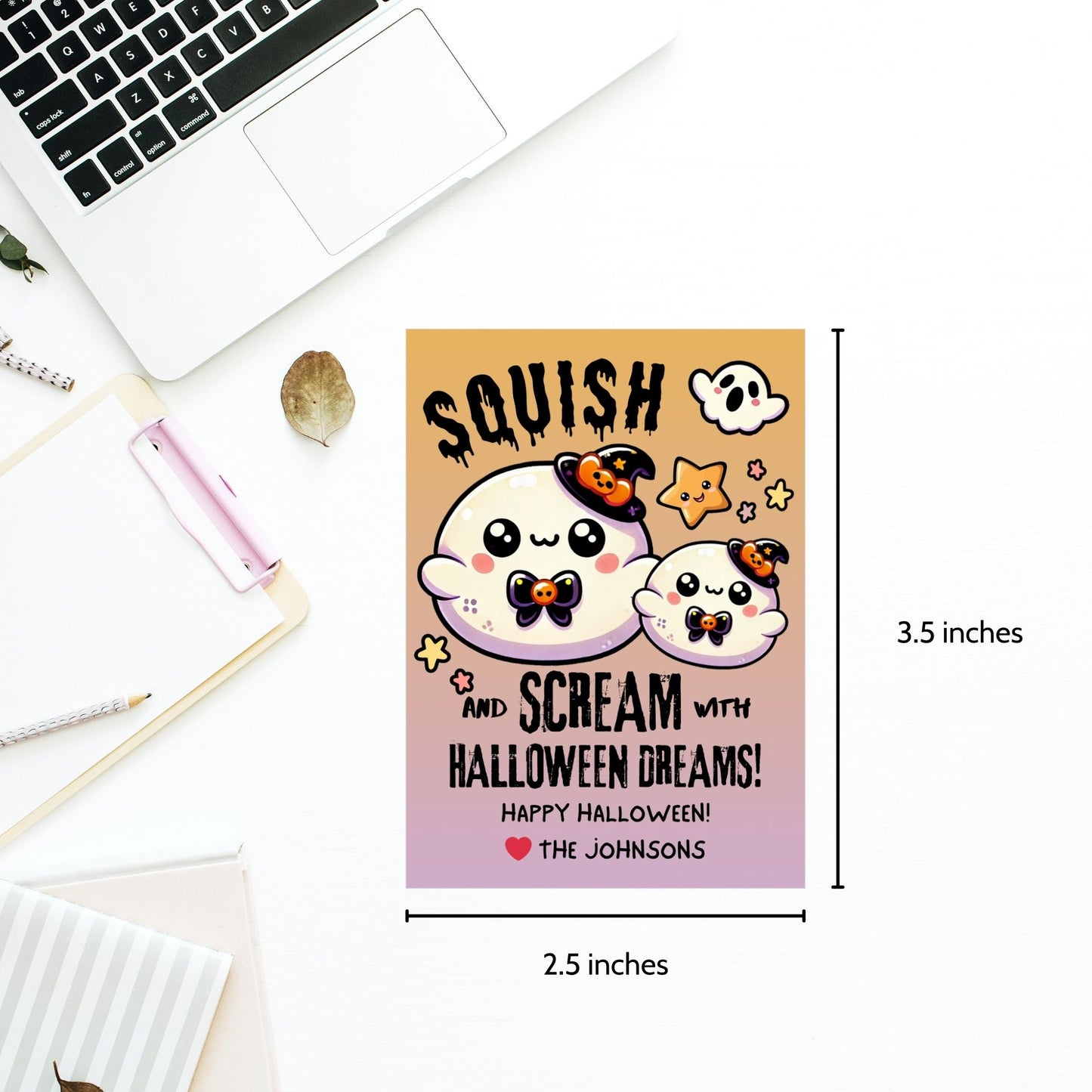 Adorable Halloween gift tags featuring squishy ghost characters with witch hats, designed for Squishmallow gifts. The tag reads "Squish and Scream with Halloween Dreams!" and is ideal for adding a fun and festive touch to your Halloween presents. Each tag is 2.5 x 3.5 inches and comes with a printable PDF and an editable template.