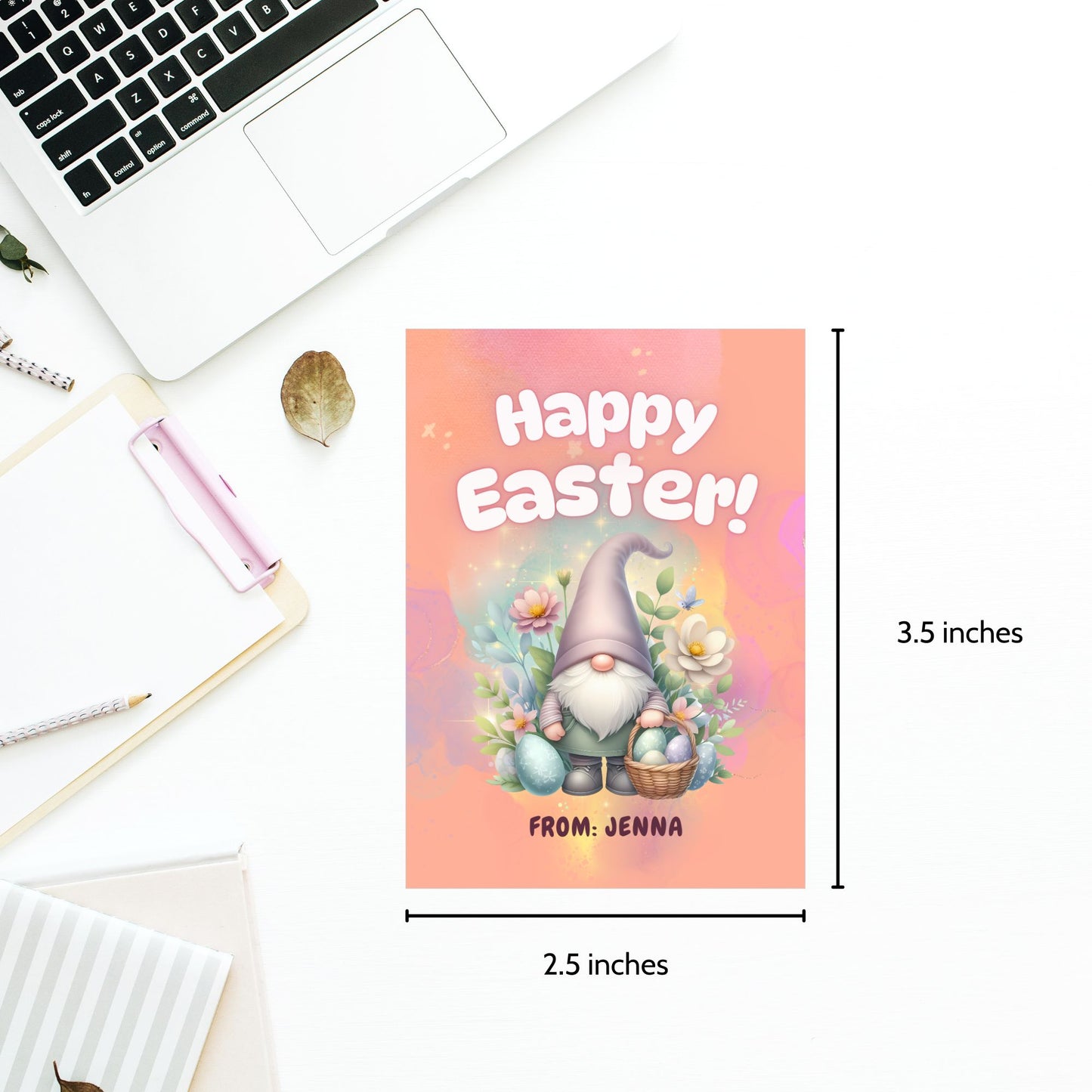 Colorful Easter gift tags with cute gnome designs, ready for personalization and printing, set against a vibrant pastel background.