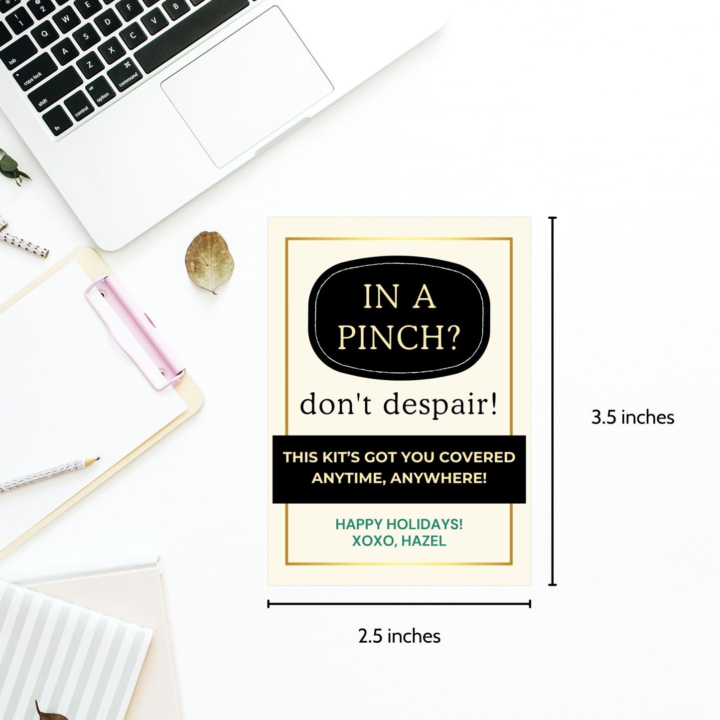 Elegant black and gold "In A Pinch? Don’t Despair!" gift tags, perfect for emergency kits or small survival packs. Includes printable and editable Canva template.
