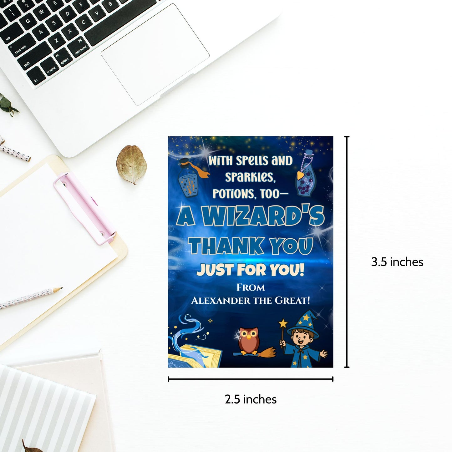 Wizard-themed thank you card with measurements on a desk