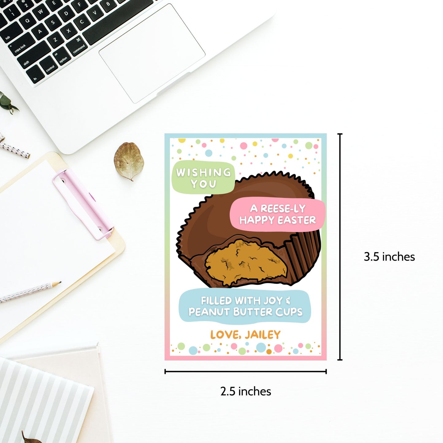 Colorful Easter-themed printable gift tags attached to peanut butter chocolate cups, featuring playful bunny illustrations and the cheerful message 'Wishing You a Hoppy Easter!