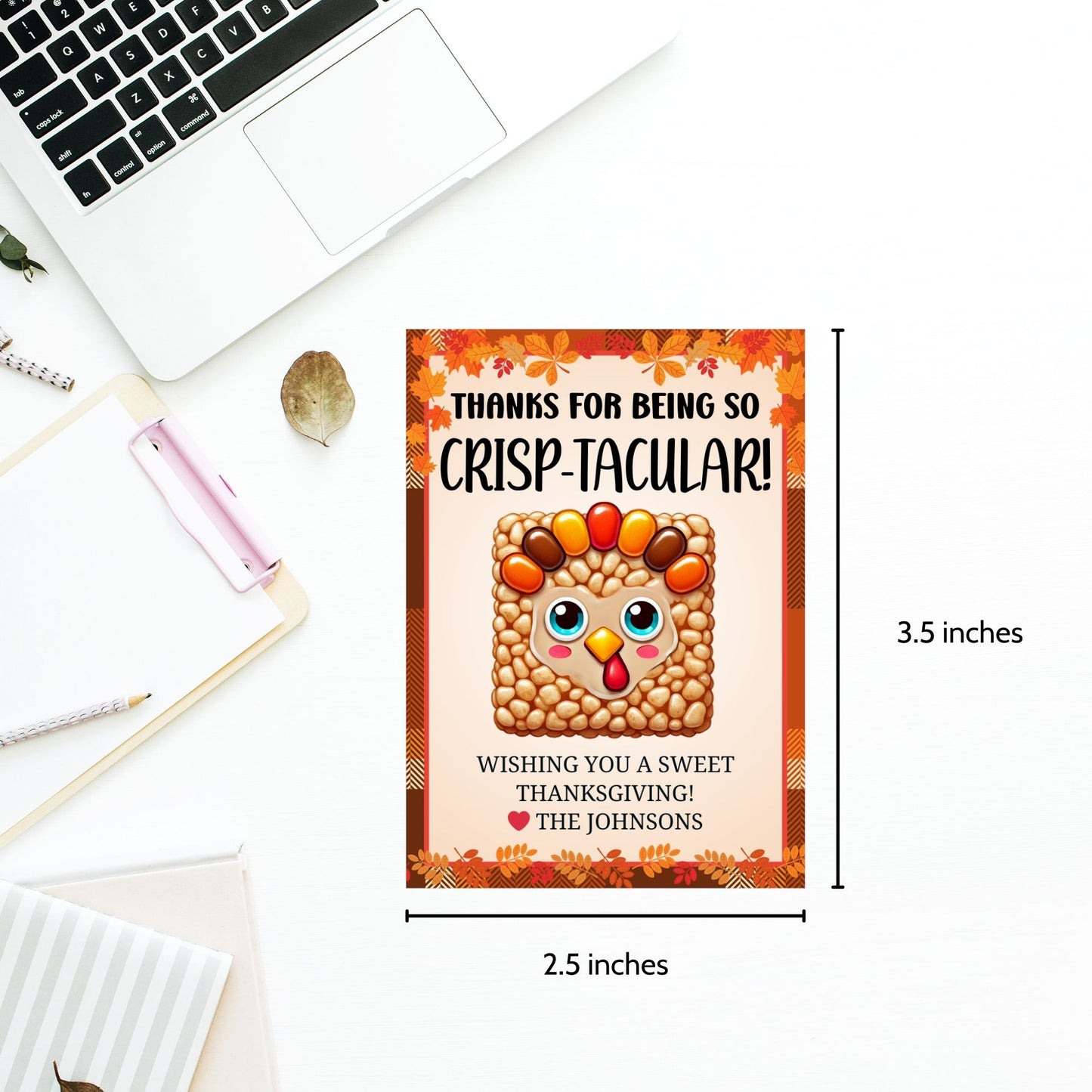 Printable Thanksgiving gift tags with a Rice Krispie turkey illustration and the message 'Thanks for Being So Crisp-tacular!' surrounded by a festive autumn border. Ideal for sweet holiday treats and gifts.