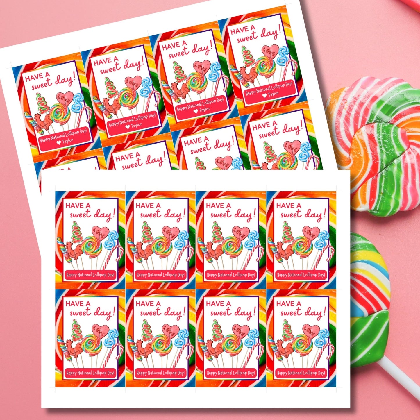 Bright and colorful National Lollipop Day gift tags with the message 'Have a sweet day!' featuring an array of lollipops and candy. Perfect for teachers, students, and employees. Available at Given Crafted Wonders.